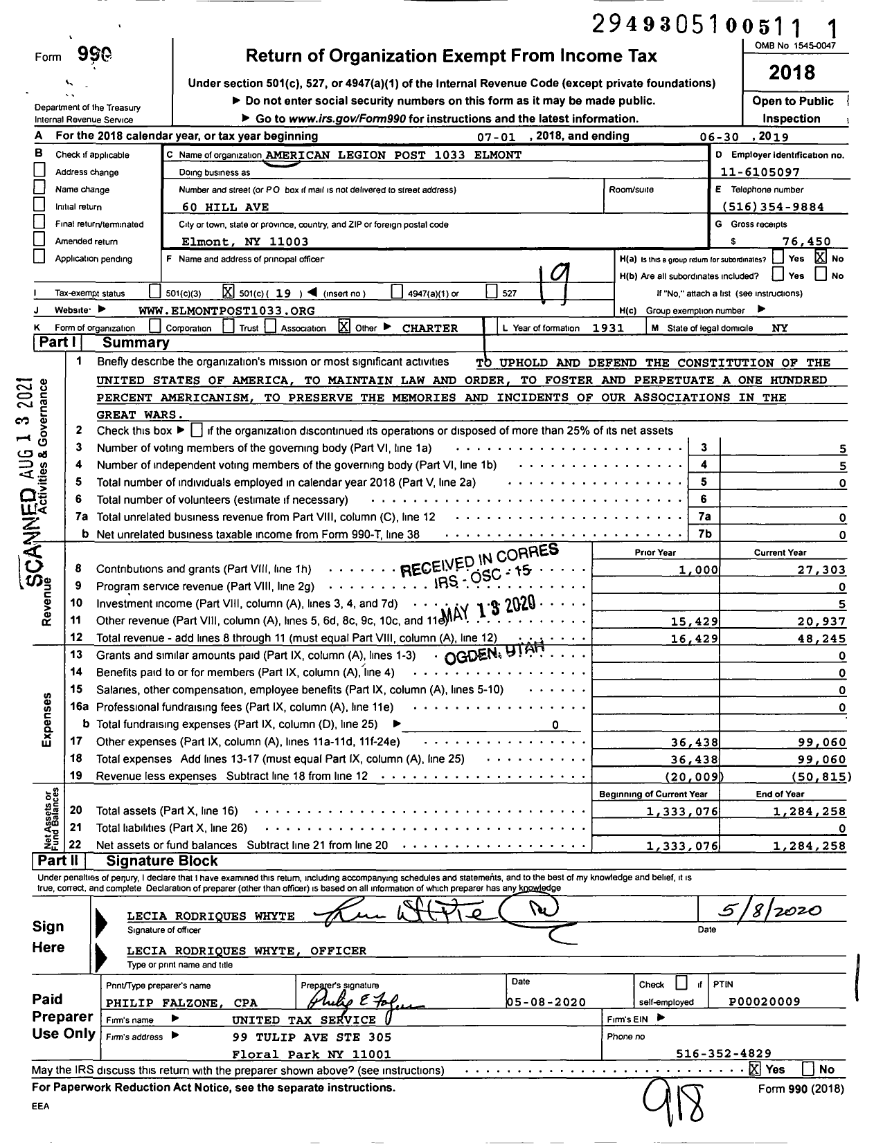 Image of first page of 2018 Form 990O for American Legion - 1033 Elmont