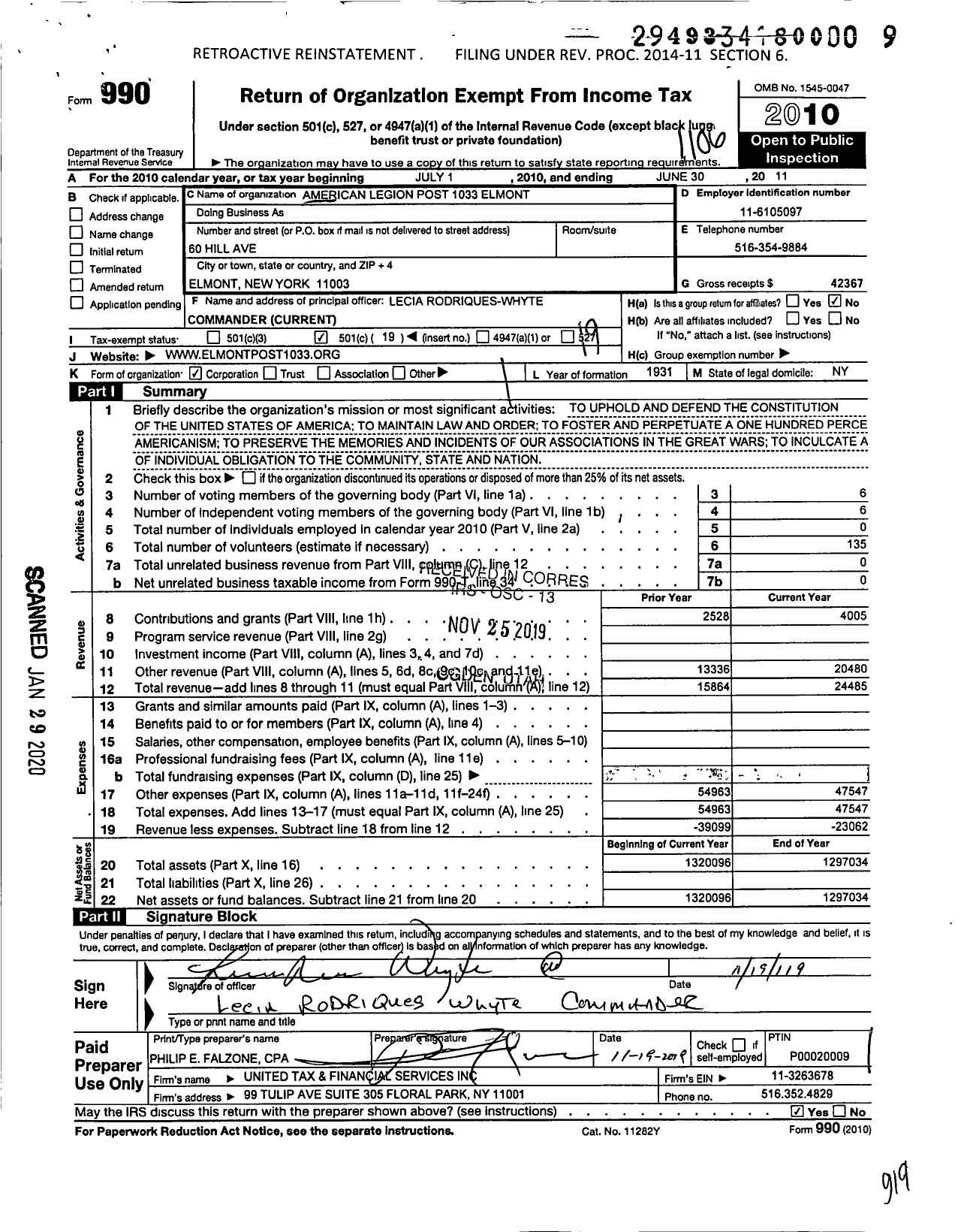 Image of first page of 2010 Form 990O for American Legion - 1033 Elmont