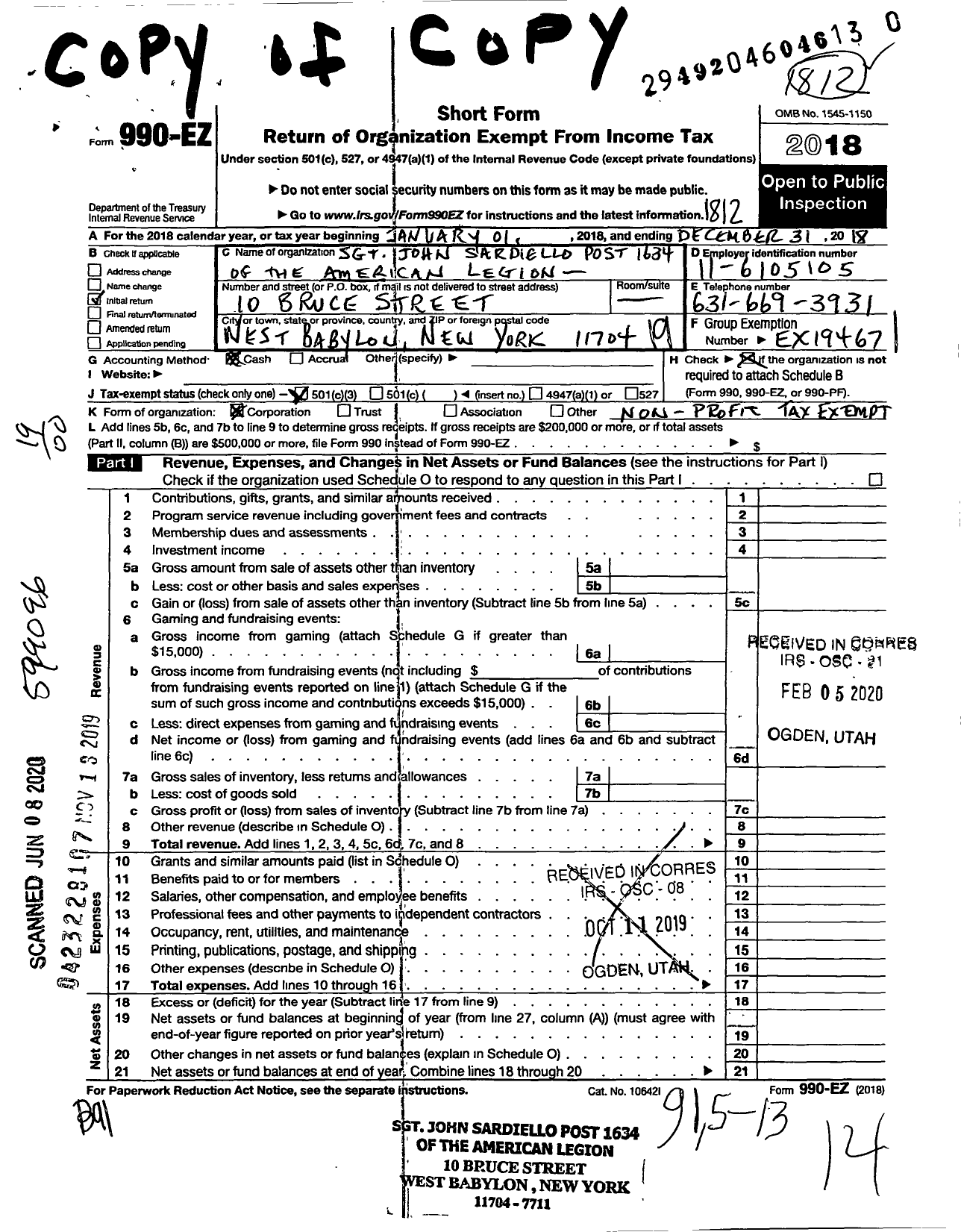 Image of first page of 2018 Form 990EO for American Legion - 1634 Sergeant John Sardielloinc