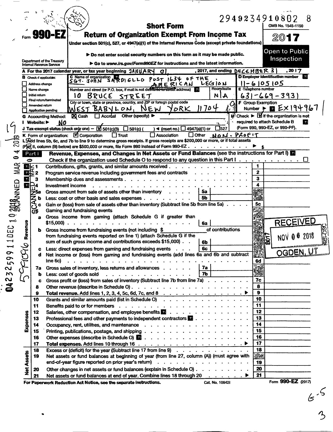 Image of first page of 2017 Form 990EO for American Legion - 1634 Sergeant John Sardielloinc