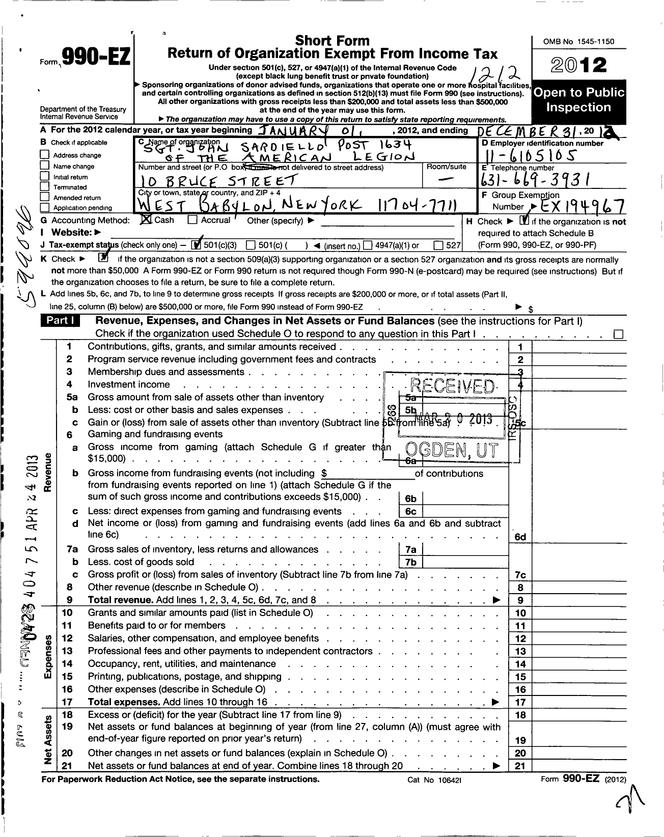 Image of first page of 2012 Form 990EZ for American Legion