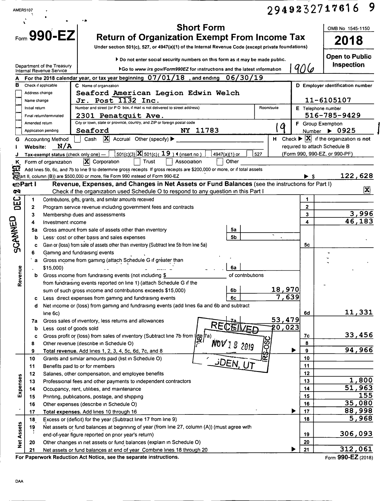 Image of first page of 2018 Form 990EO for American Legion - 1132 Edwin Welch JR Ubc