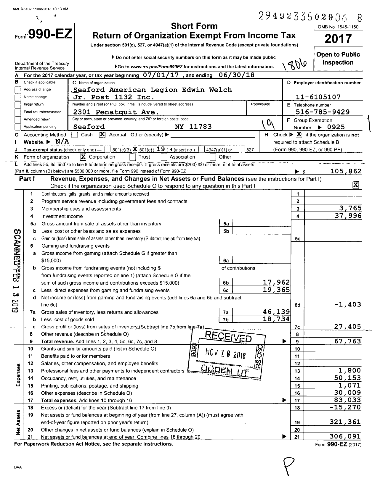 Image of first page of 2017 Form 990EO for American Legion - 1132 Edwin Welch JR Ubc