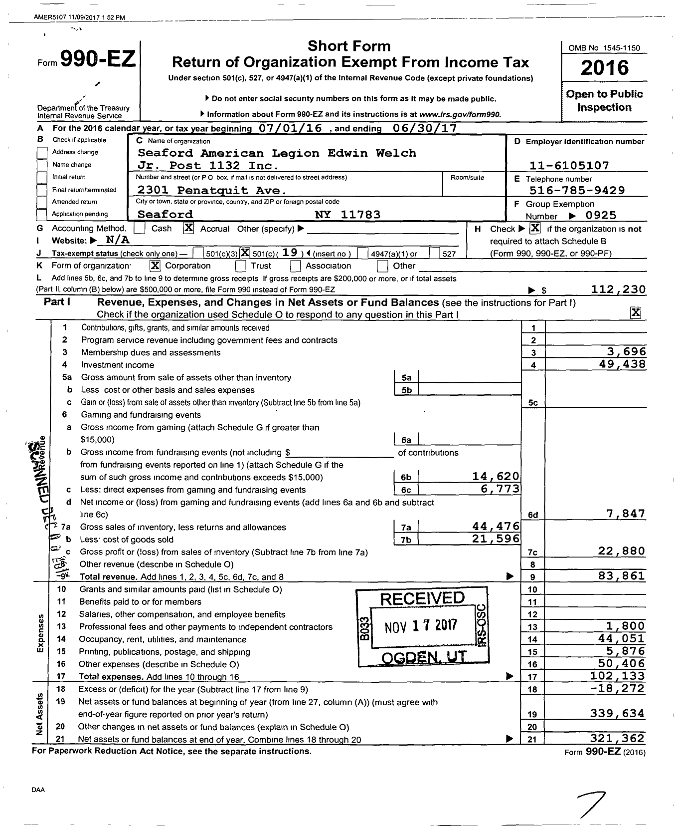 Image of first page of 2016 Form 990EO for American Legion - 1132 Edwin Welch JR Ubc