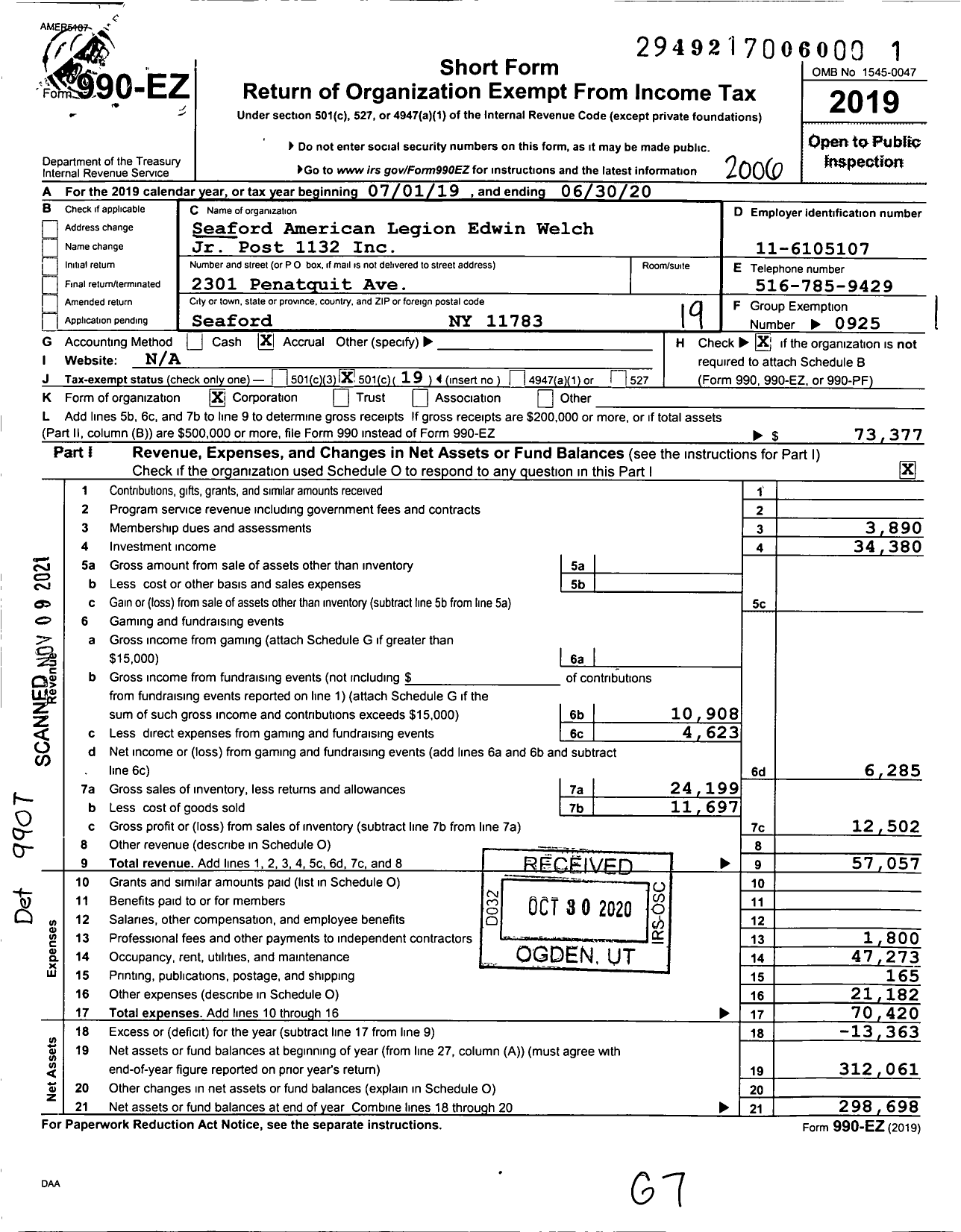 Image of first page of 2019 Form 990EO for American Legion - 1132 Edwin Welch JR Ubc