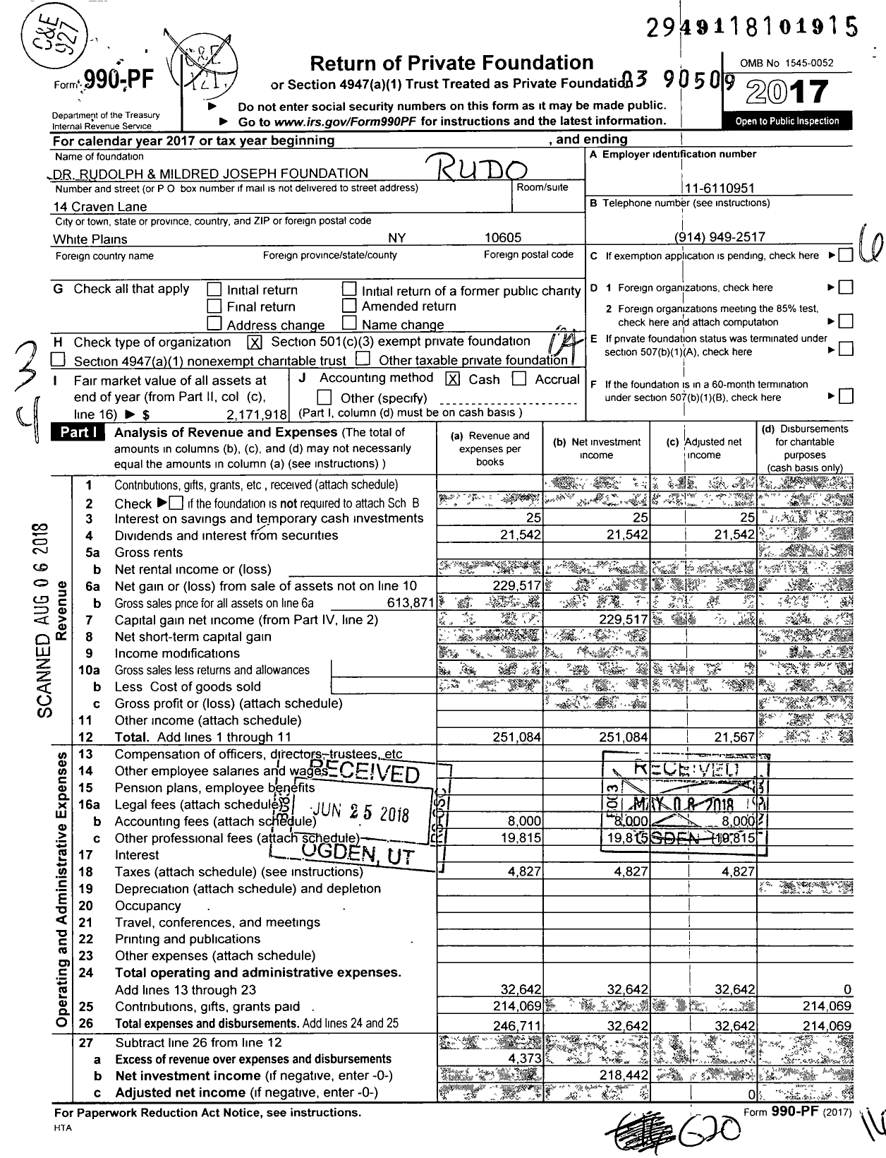 Image of first page of 2017 Form 990PF for Rudolph Joseph Foundation