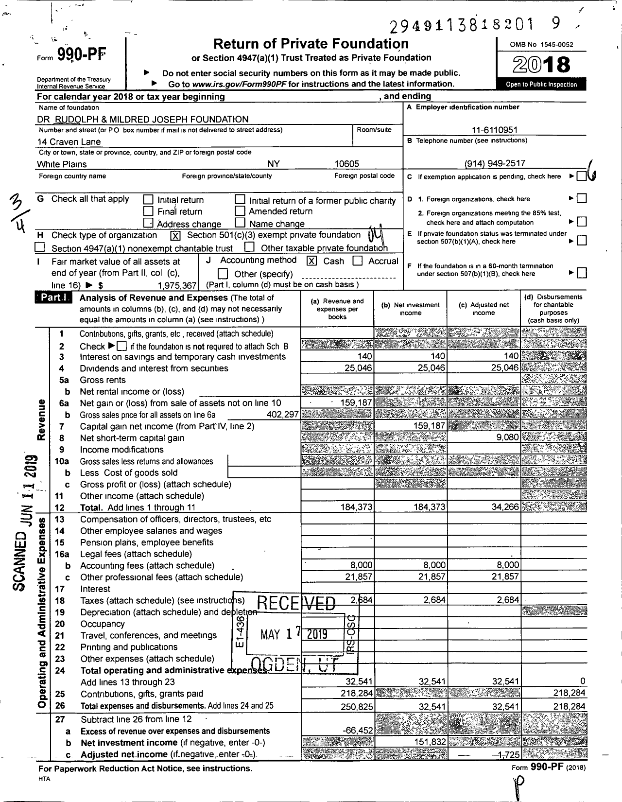 Image of first page of 2018 Form 990PF for Rudolph Joseph Foundation