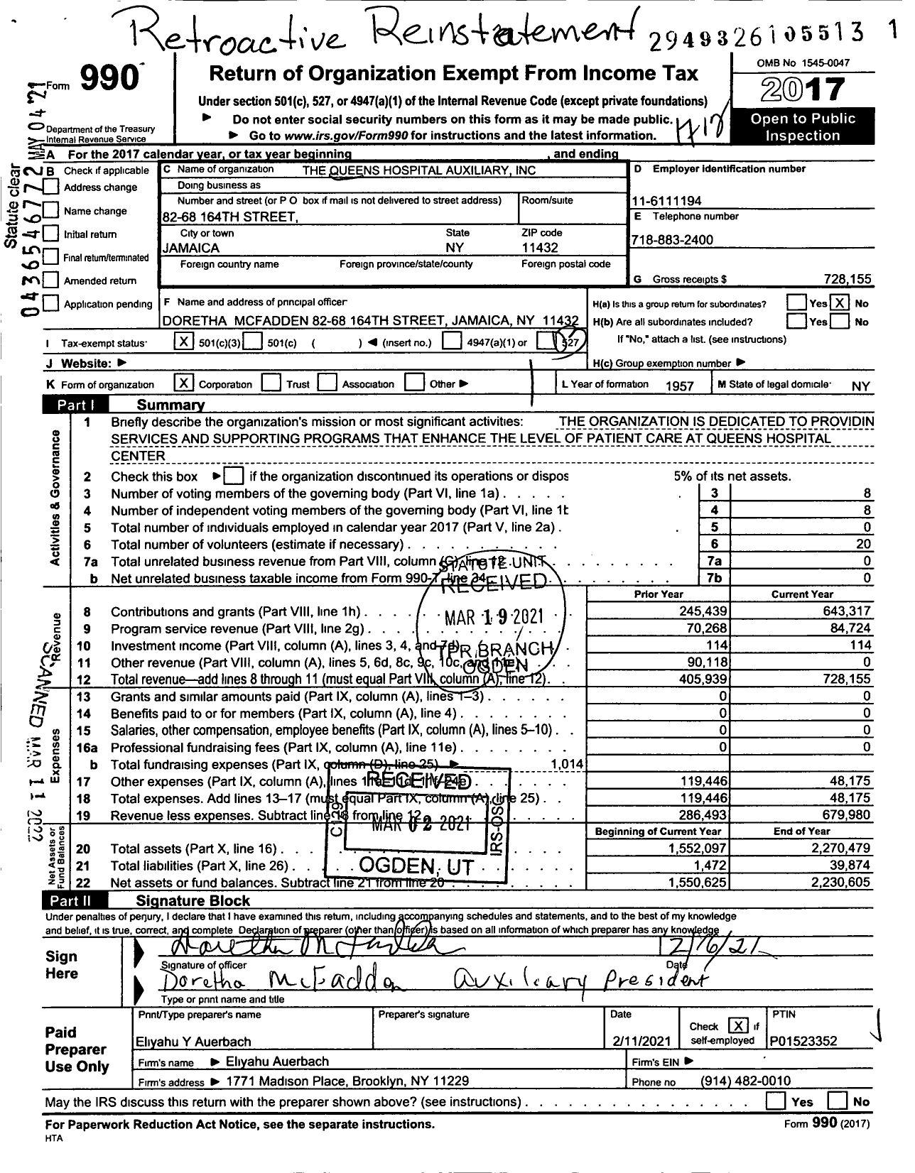 Image of first page of 2017 Form 990 for The Queens Hospital Auxiliary