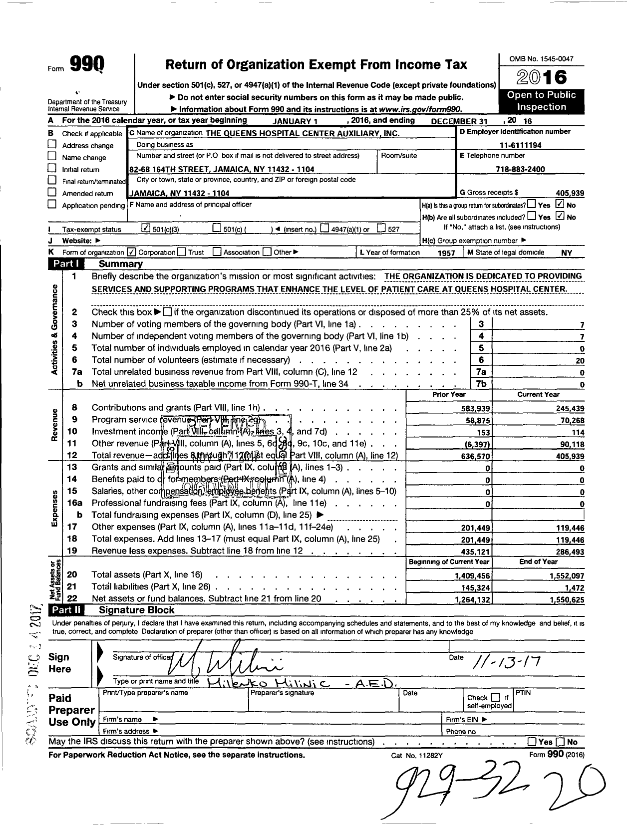 Image of first page of 2016 Form 990 for The Queens Hospital Auxiliary