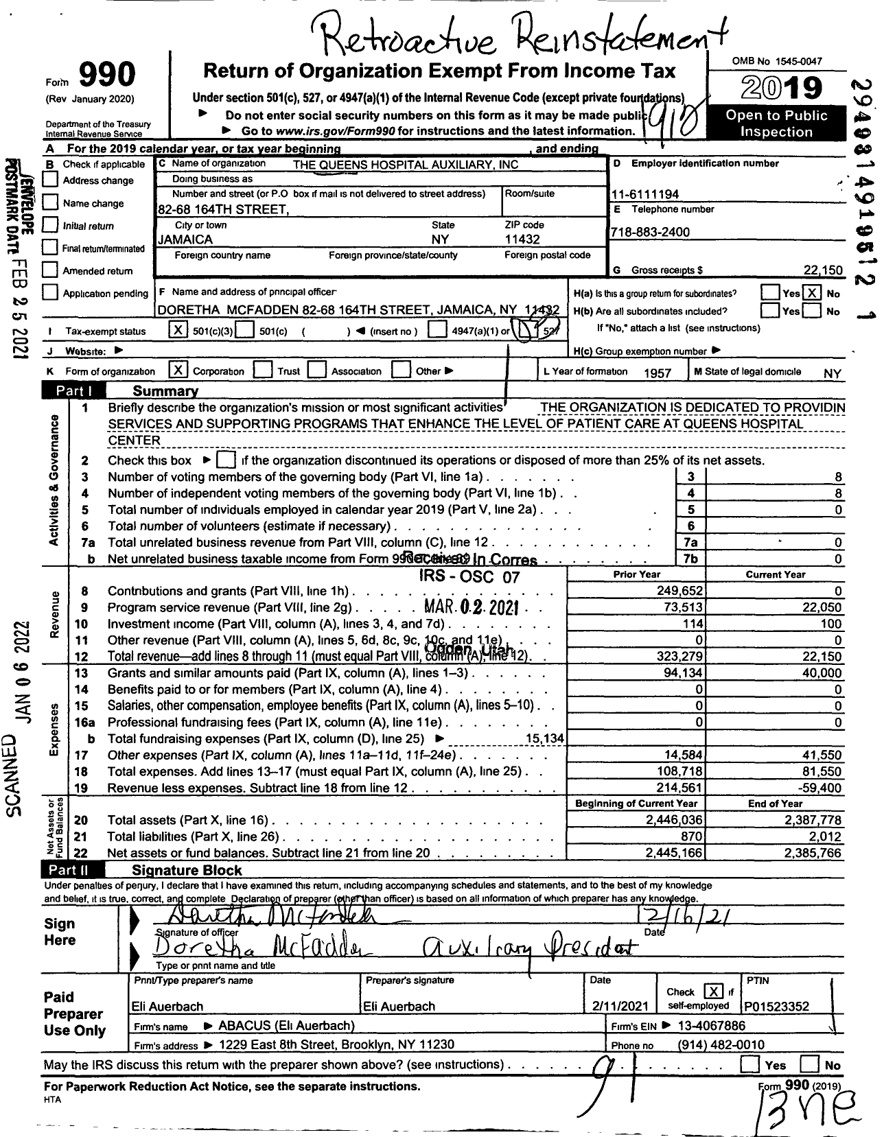 Image of first page of 2019 Form 990 for The Queens Hospital Auxiliary