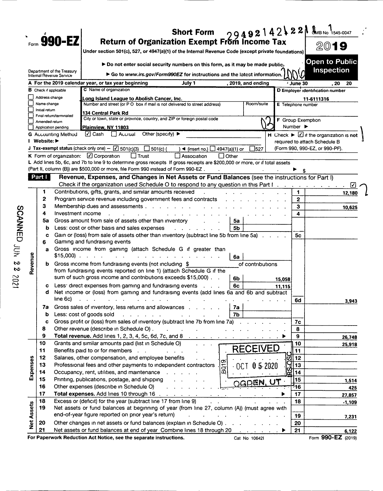 Image of first page of 2019 Form 990EZ for Long Island League To Abolish Cancer