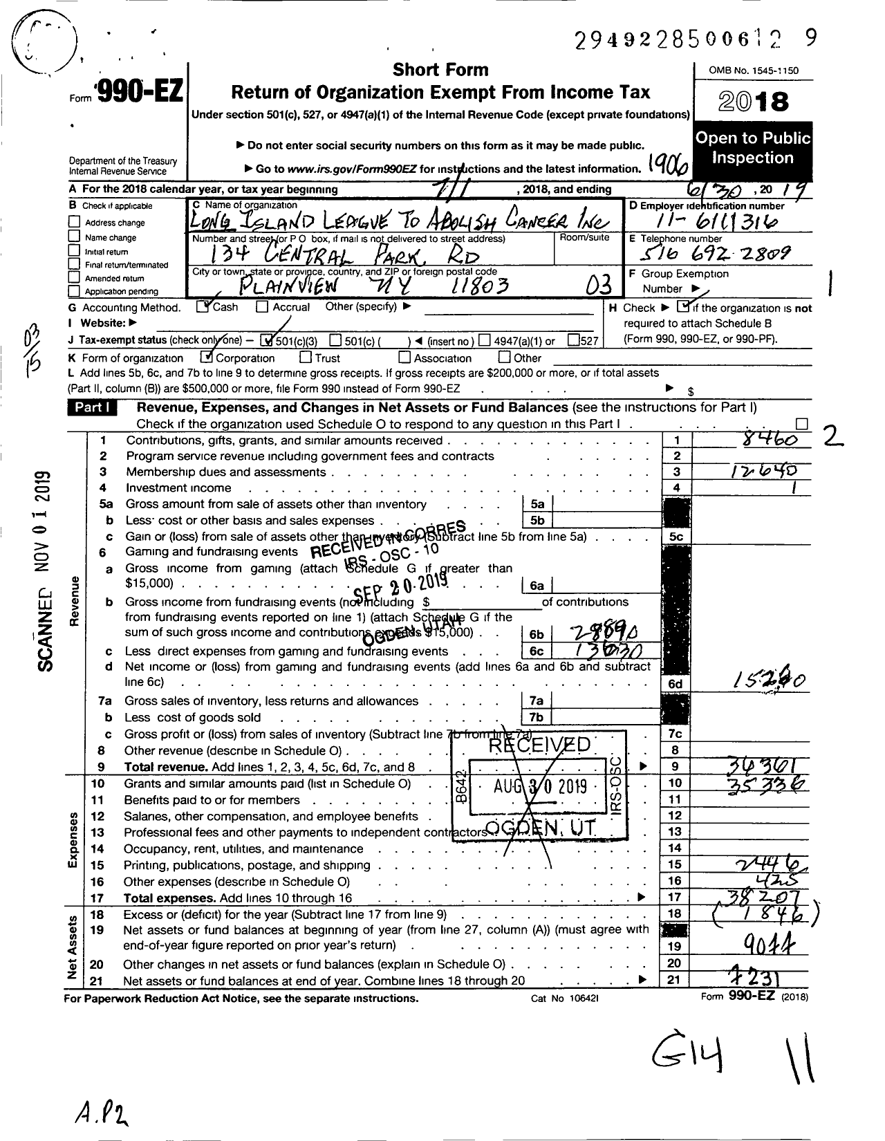 Image of first page of 2018 Form 990EZ for Long Island League To Abolish Cancer