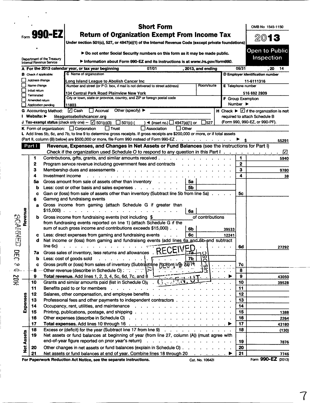 Image of first page of 2013 Form 990EZ for Long Island League To Abolish Cancer