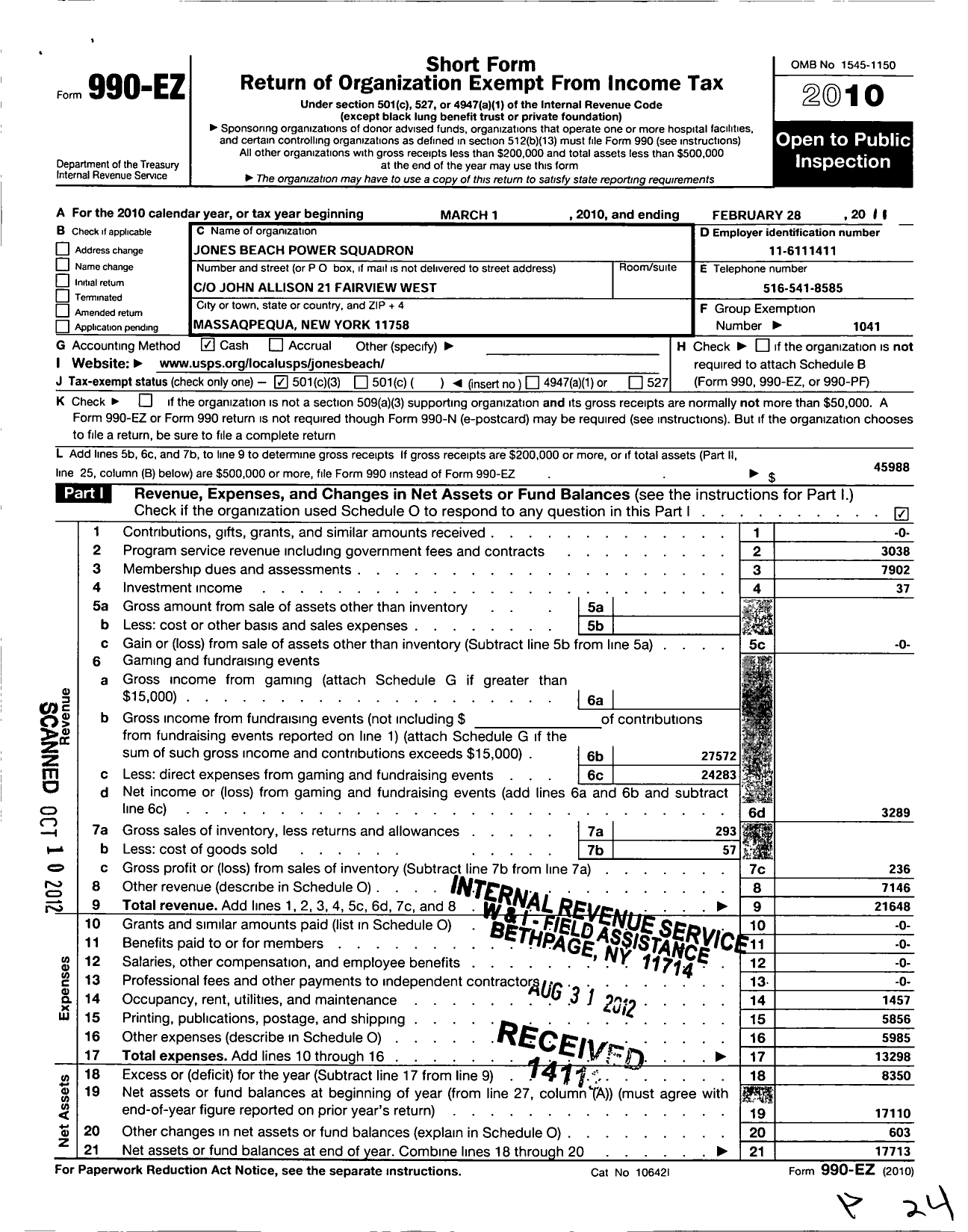 Image of first page of 2010 Form 990EZ for United States Power Squadrons - 3 Jones Beach