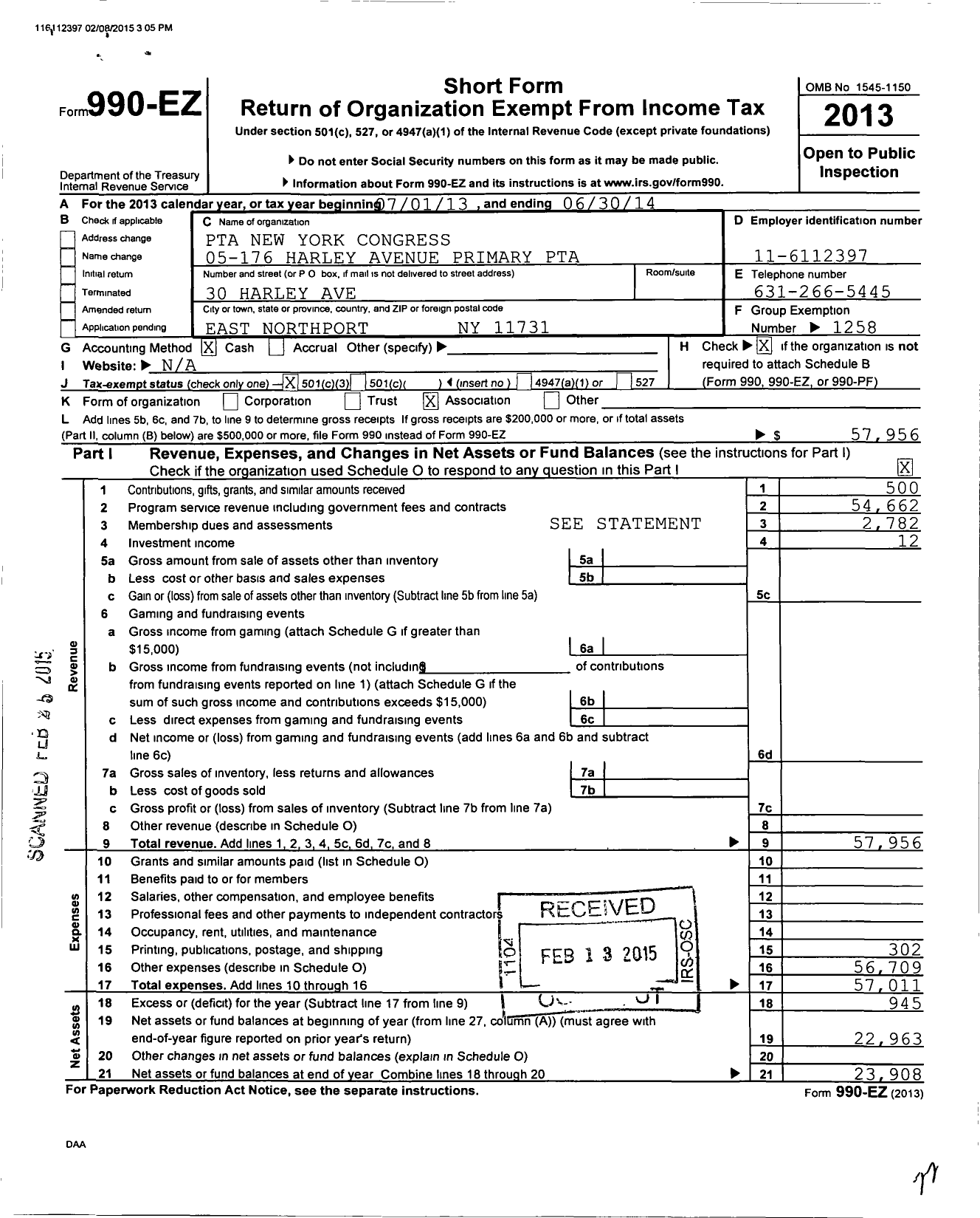 Image of first page of 2013 Form 990EZ for New York State PTA - 05-176 Harley Avenue Primary PTA