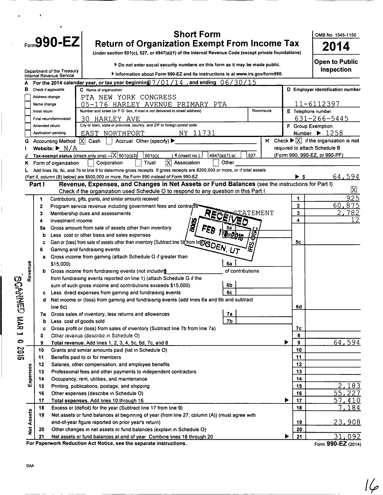 Image of first page of 2014 Form 990EZ for New York State PTA - 05-176 Harley Avenue Primary PTA