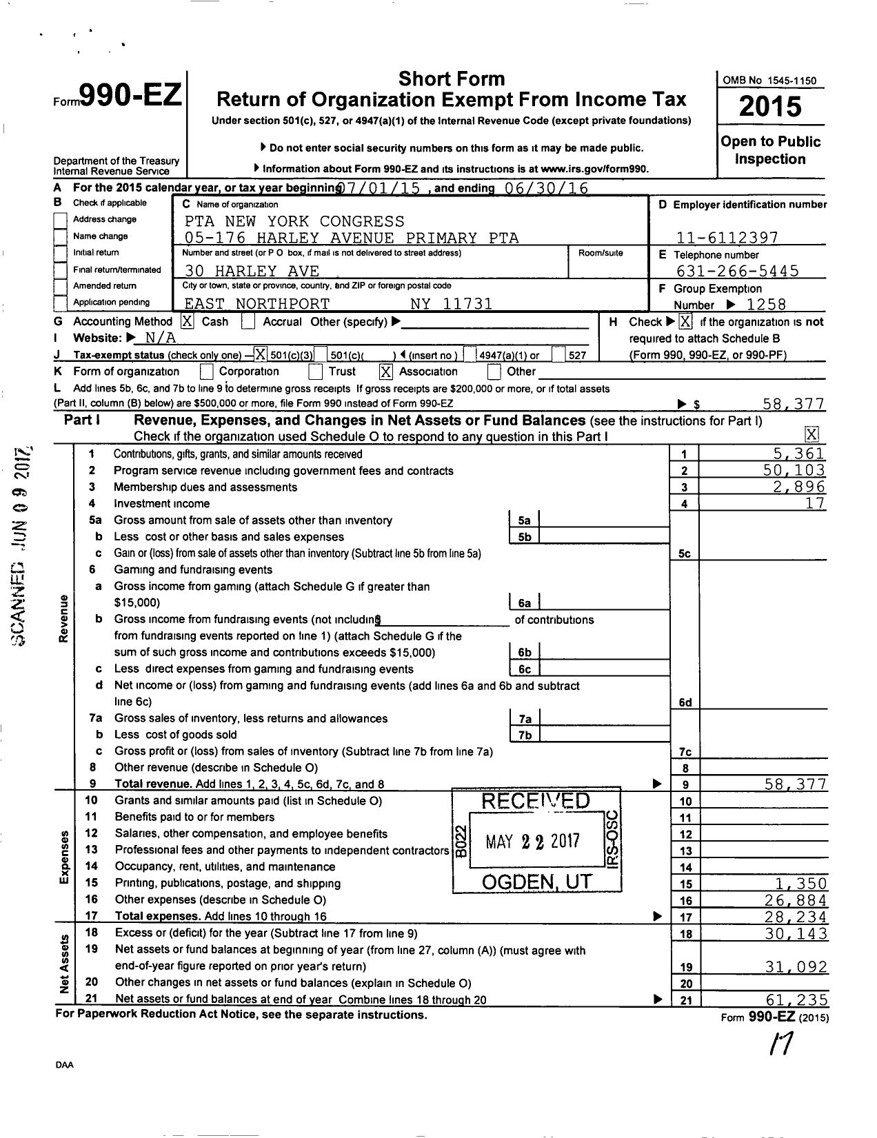 Image of first page of 2015 Form 990EZ for New York State PTA - 05-176 Harley Avenue Primary PTA