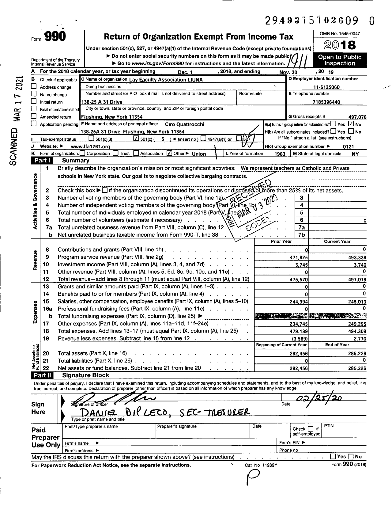 Image of first page of 2018 Form 990O for Laborers' International Union of North America - Lay Faculty Association