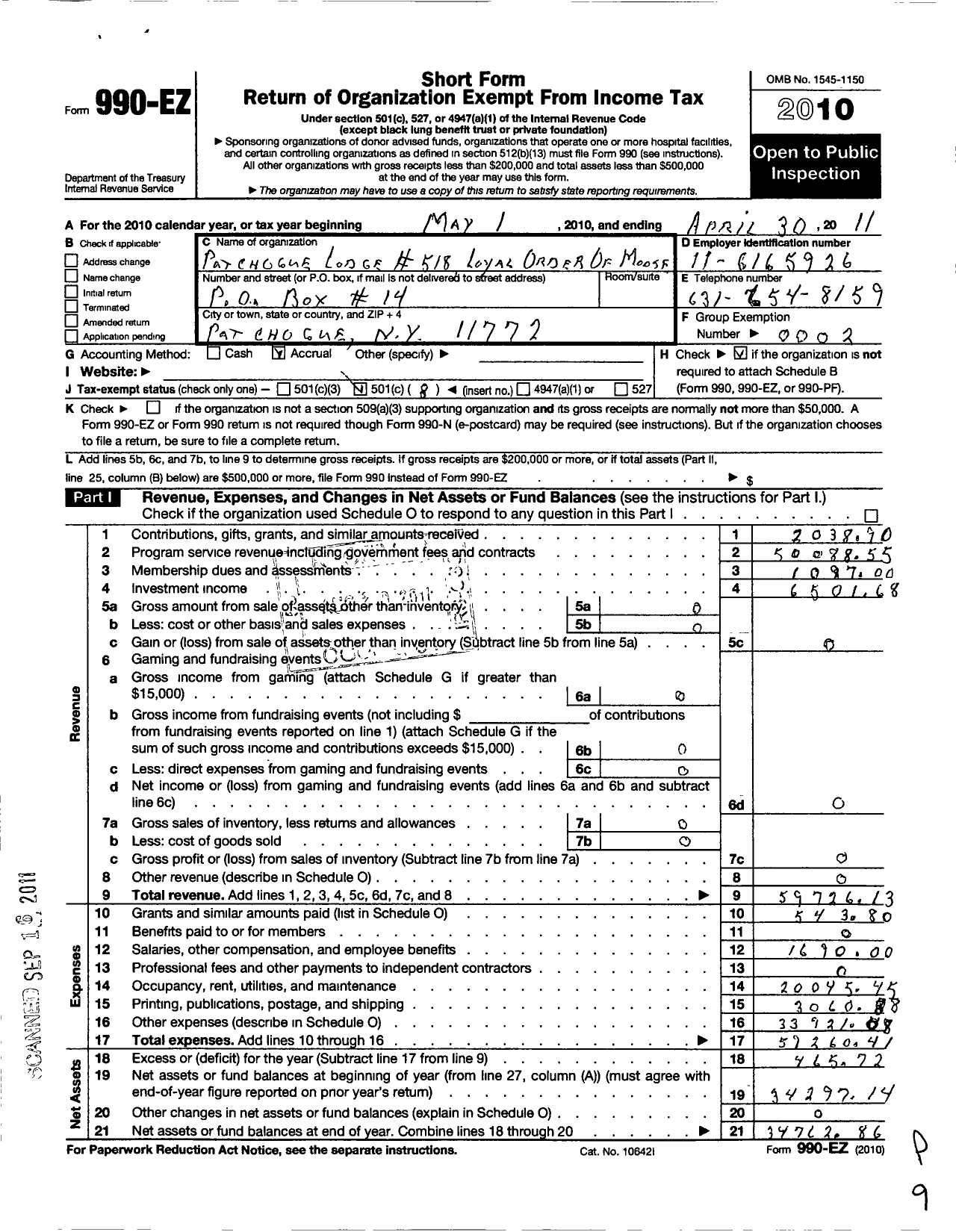 Image of first page of 2010 Form 990EO for Loyal Order of Moose - 518