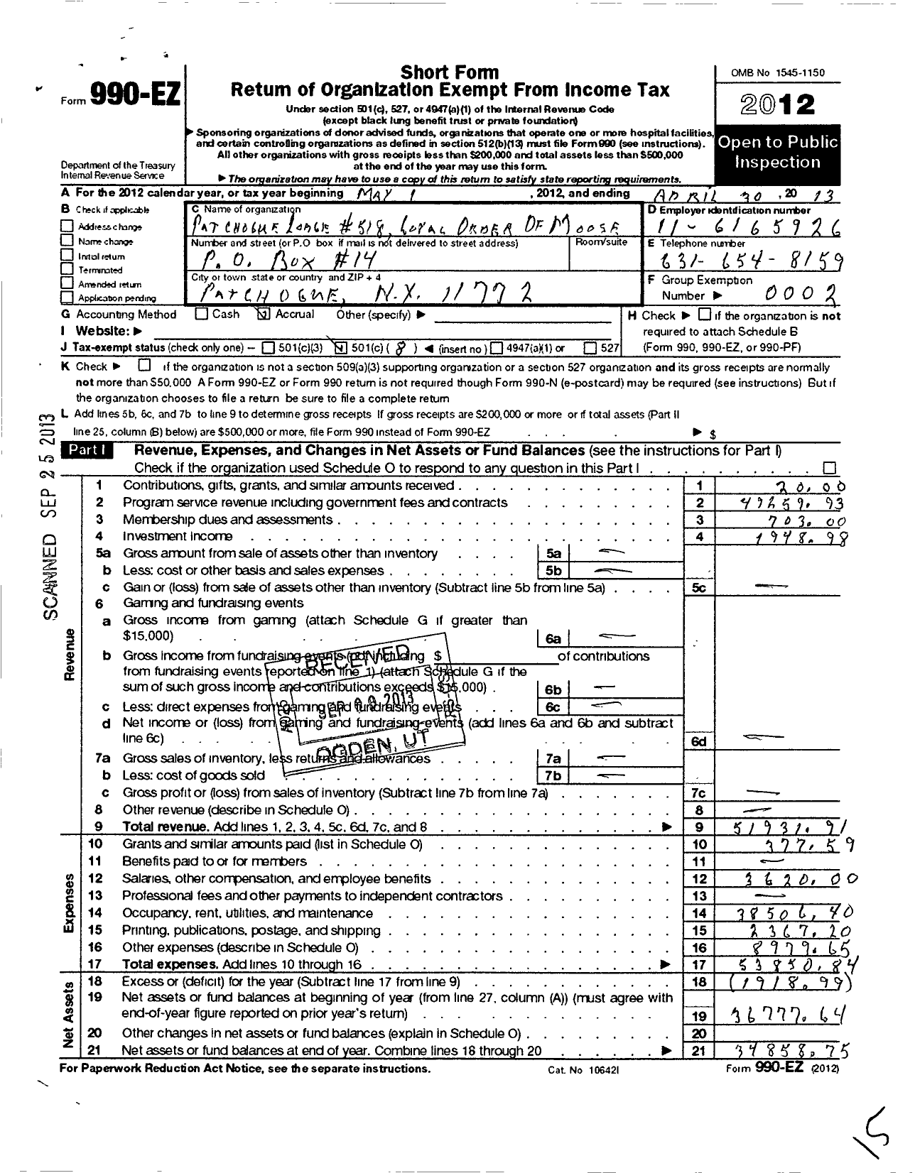 Image of first page of 2012 Form 990EO for Loyal Order of Moose - 518