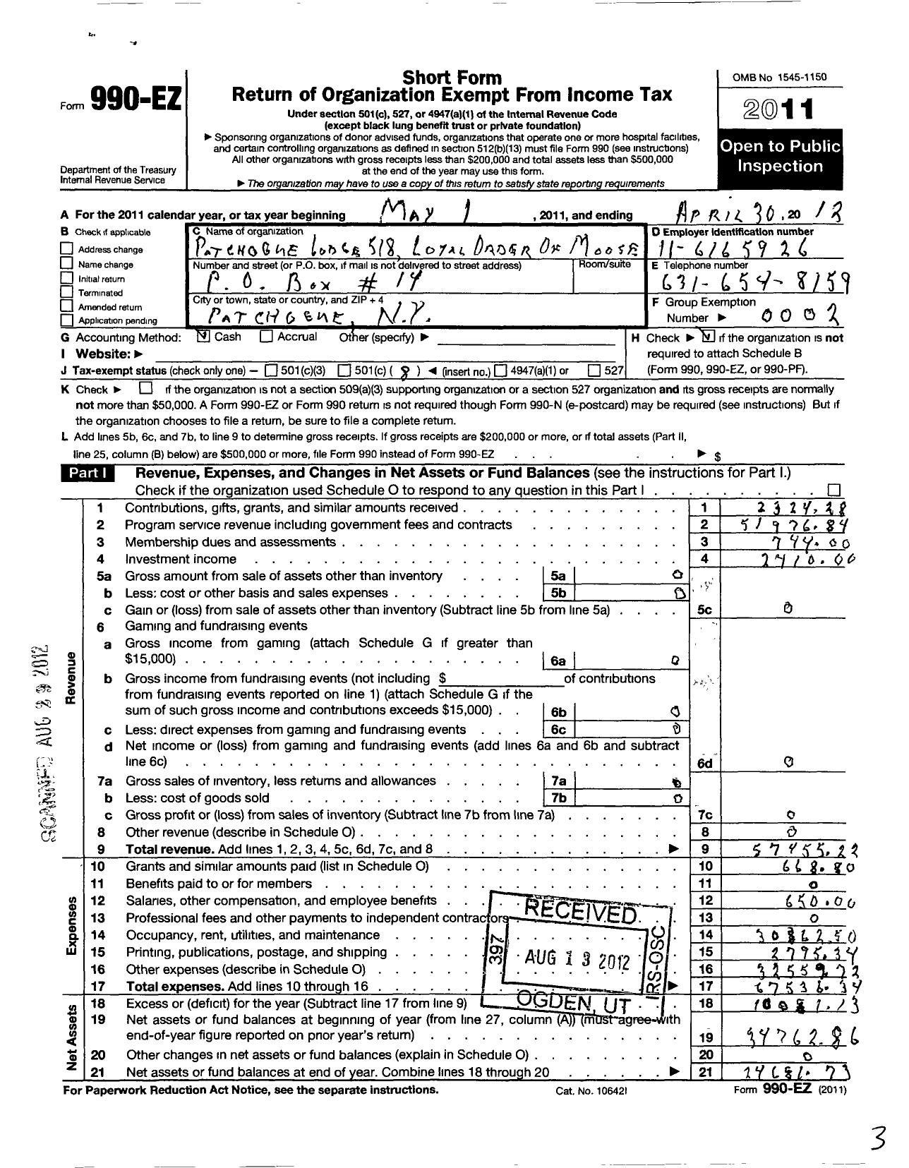 Image of first page of 2011 Form 990EO for Loyal Order of Moose - 518