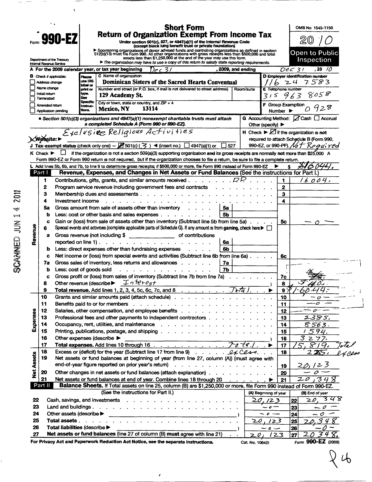 Image of first page of 2010 Form 990EZ for Dominican Sisters of the Sacred Hearts Conventual