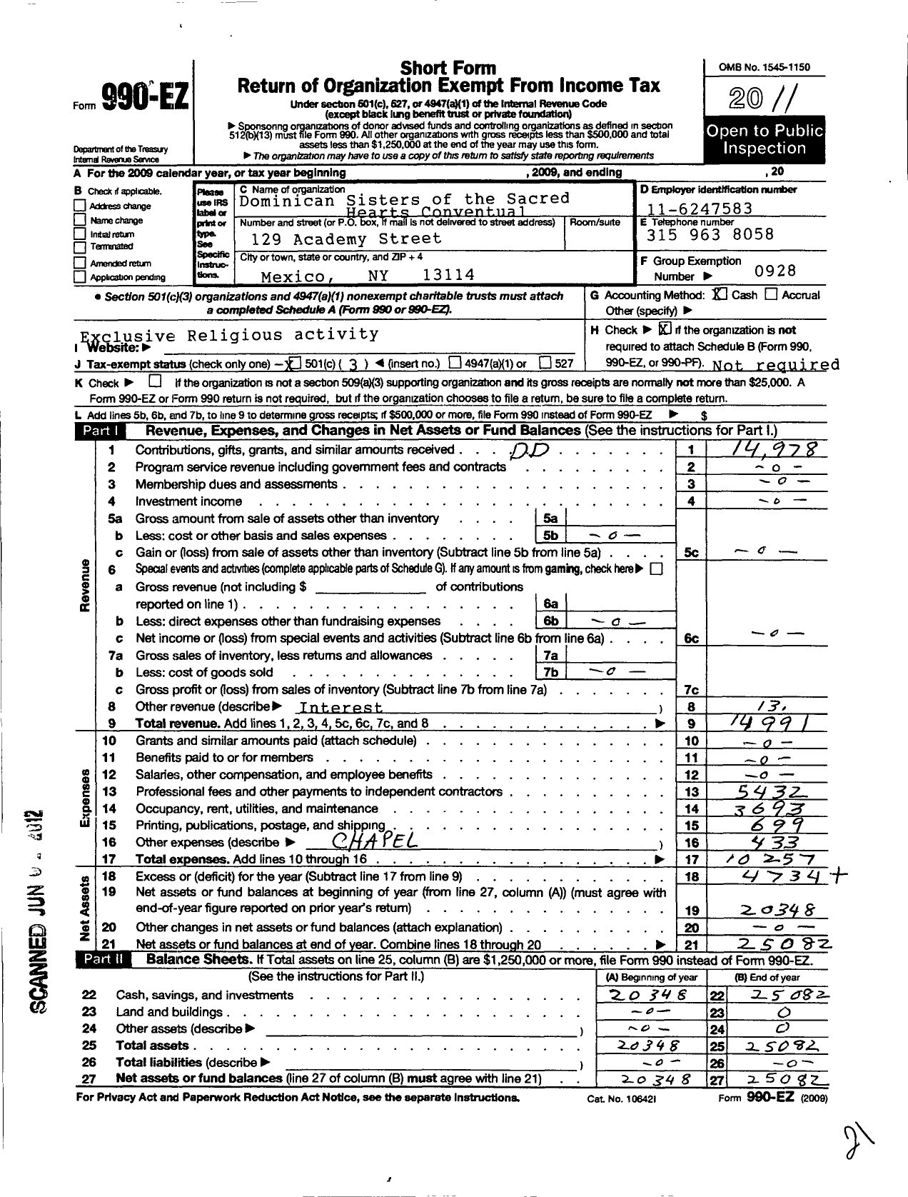 Image of first page of 2011 Form 990EZ for Dominican Sisters of the Sacred Hearts Conventual