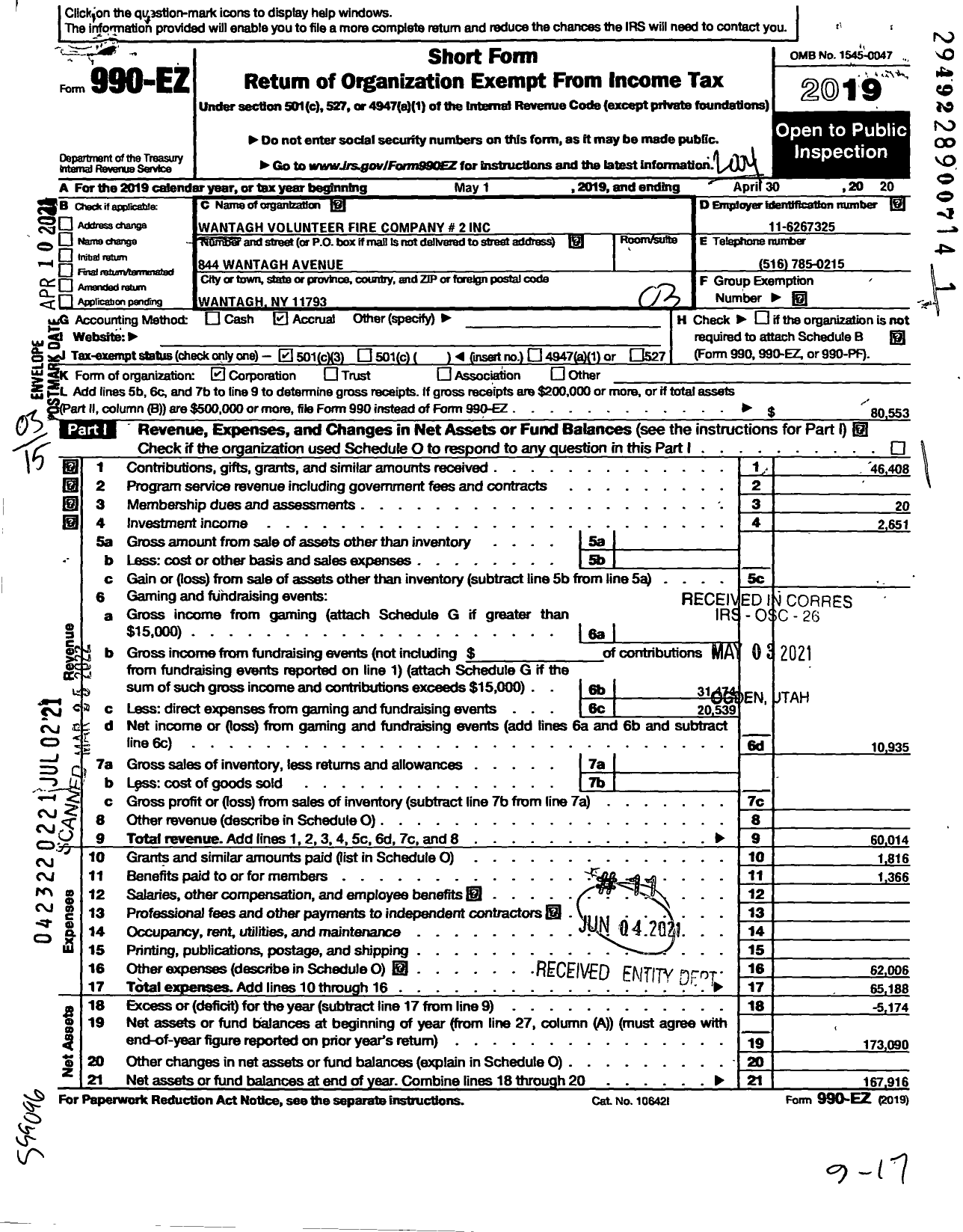 Image of first page of 2019 Form 990EZ for Wantagh Volunteer Fire Company 2