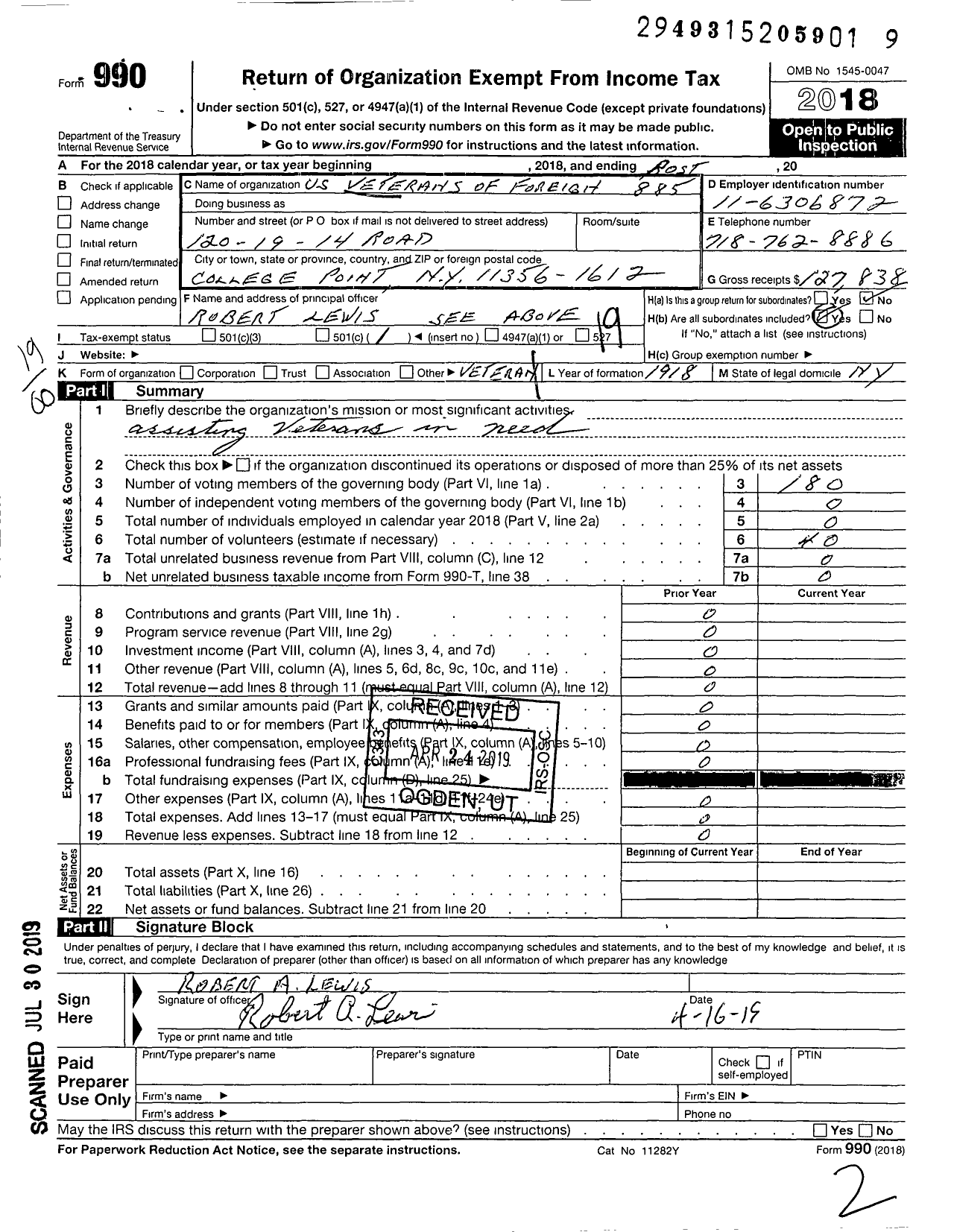 Image of first page of 2018 Form 990O for Department of Ny VFW - 885