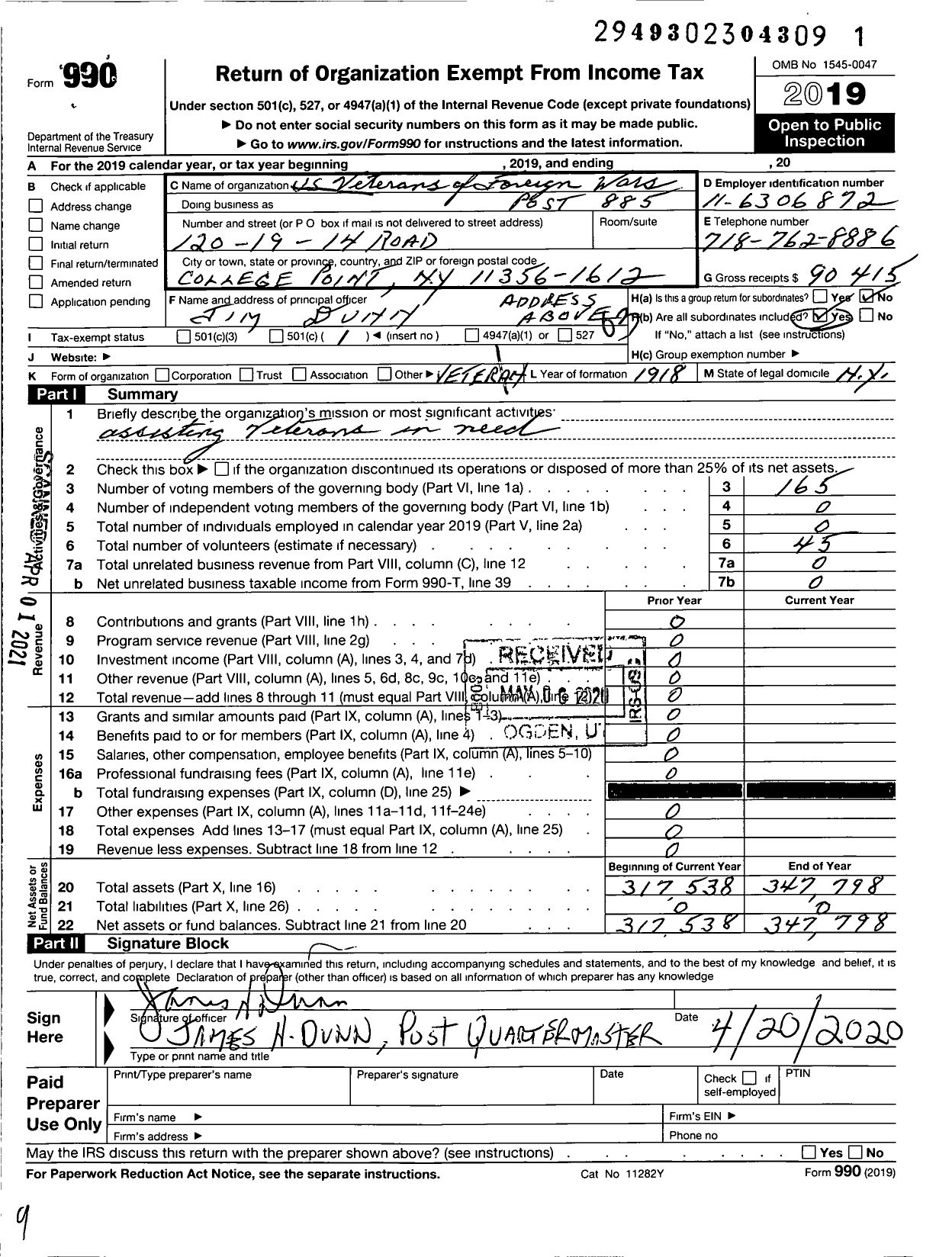 Image of first page of 2019 Form 990 for Department of Ny VFW - 885