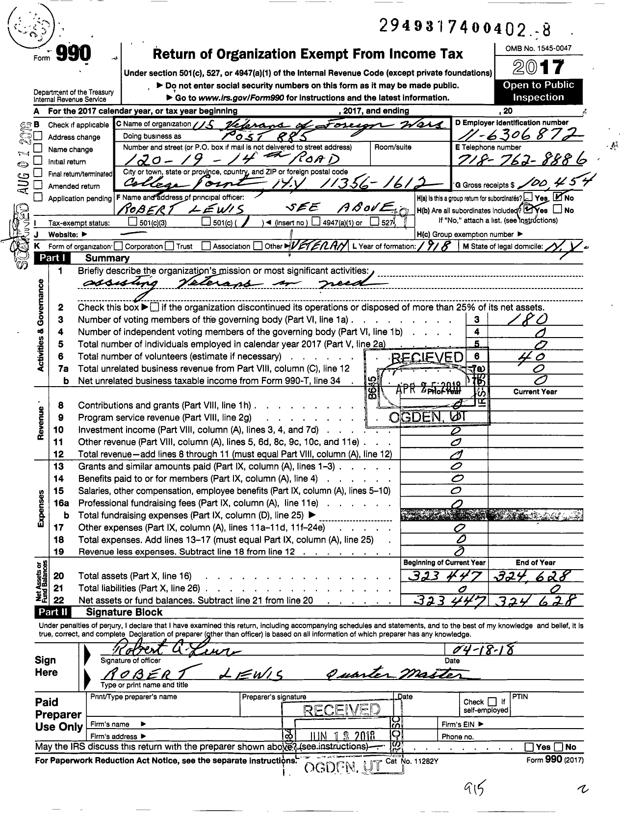 Image of first page of 2017 Form 990O for Department of Ny VFW - 885