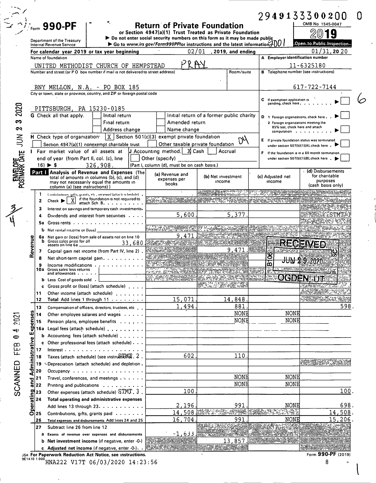 Image of first page of 2019 Form 990PF for United Methodist Church of Hempstead