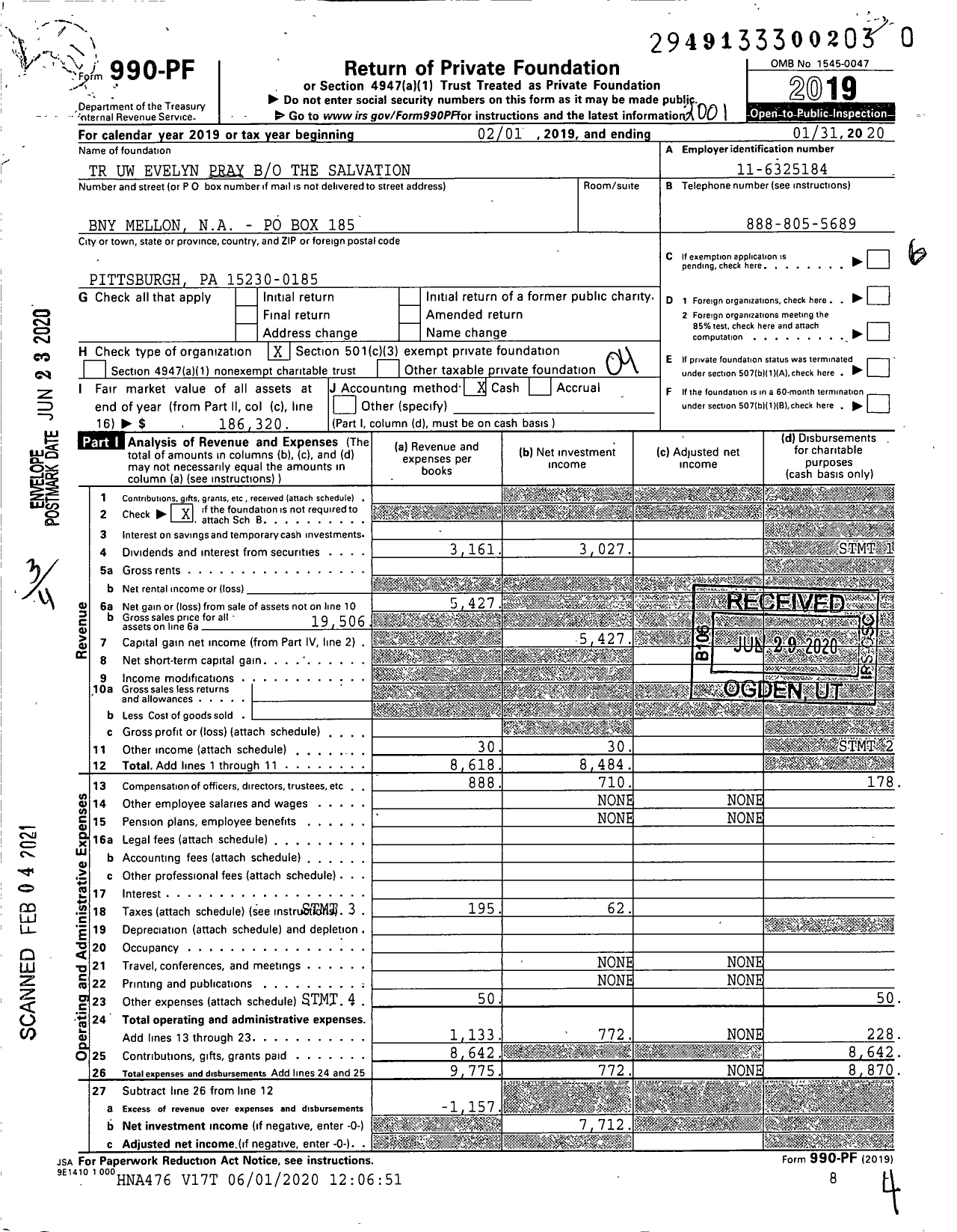 Image of first page of 2019 Form 990PF for TR Uw Evelyn Pray Bo the Salvation