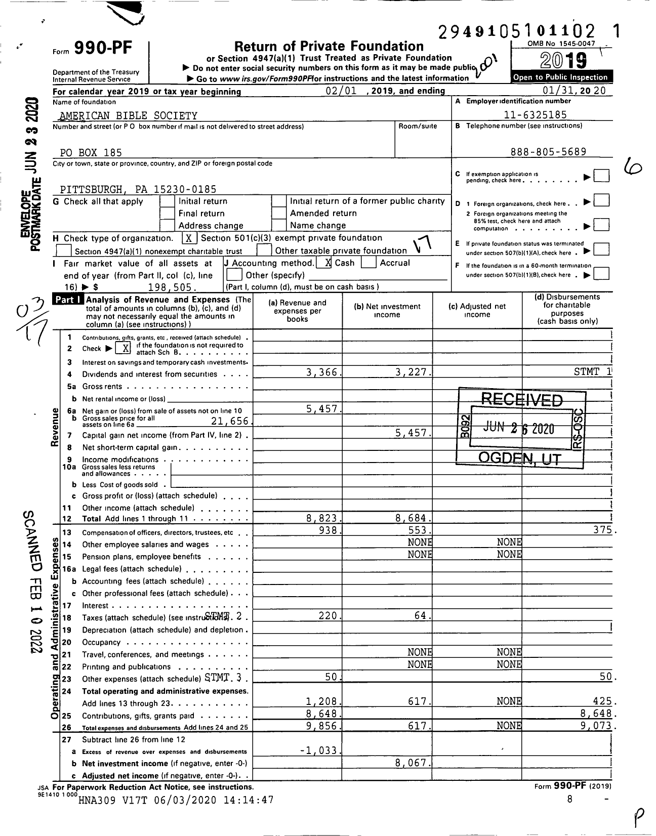 Image of first page of 2019 Form 990PF for American Bible Society