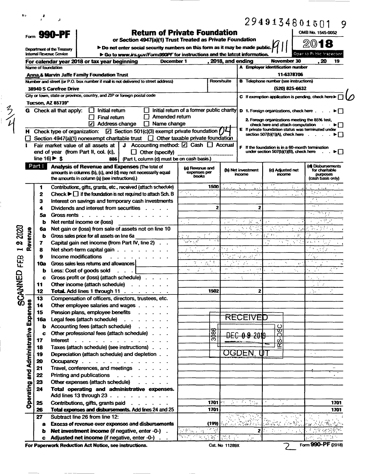 Image of first page of 2018 Form 990PF for Anna and Marvin Jaffe Family Foundation Trust