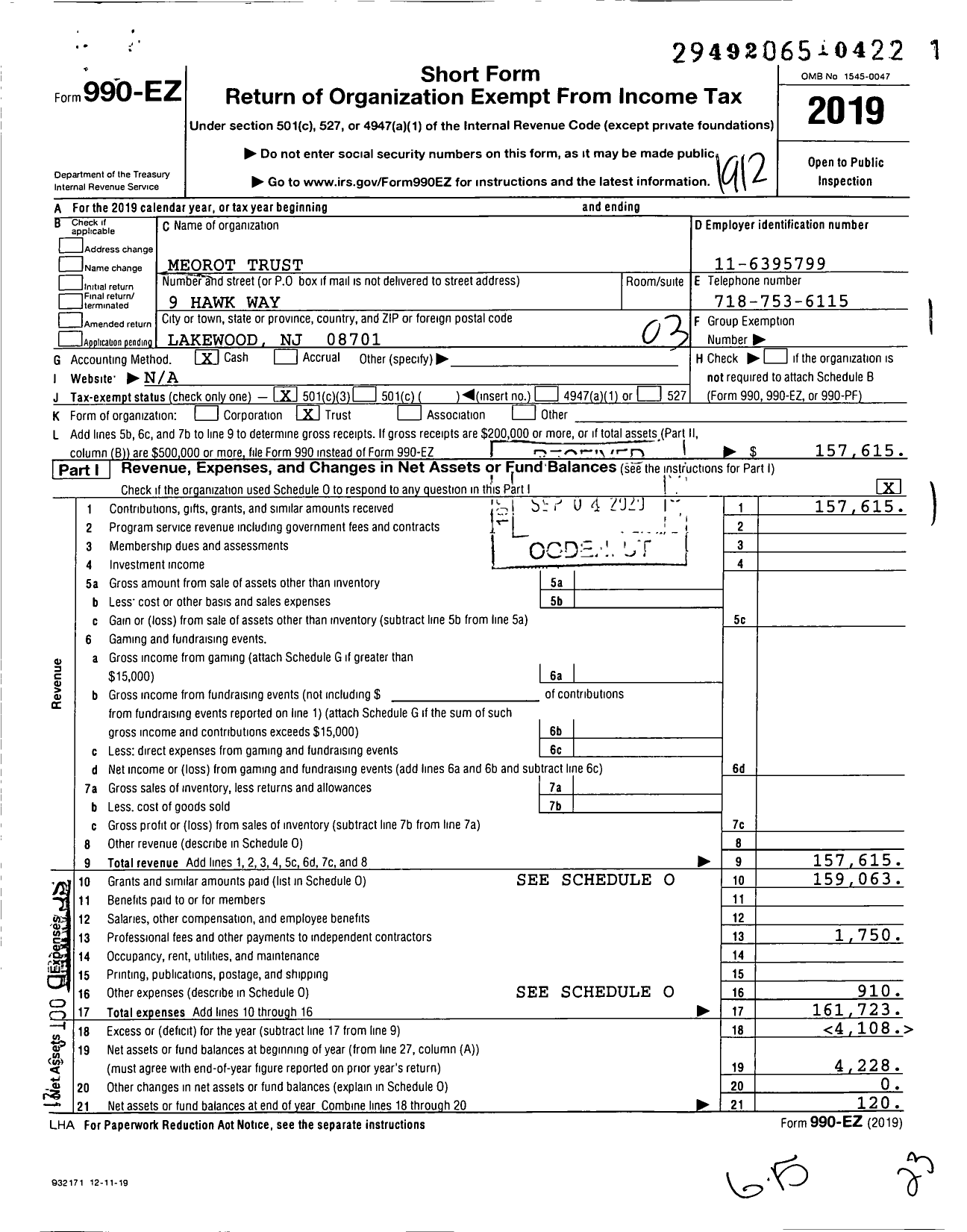 Image of first page of 2019 Form 990EZ for Meorot Trust