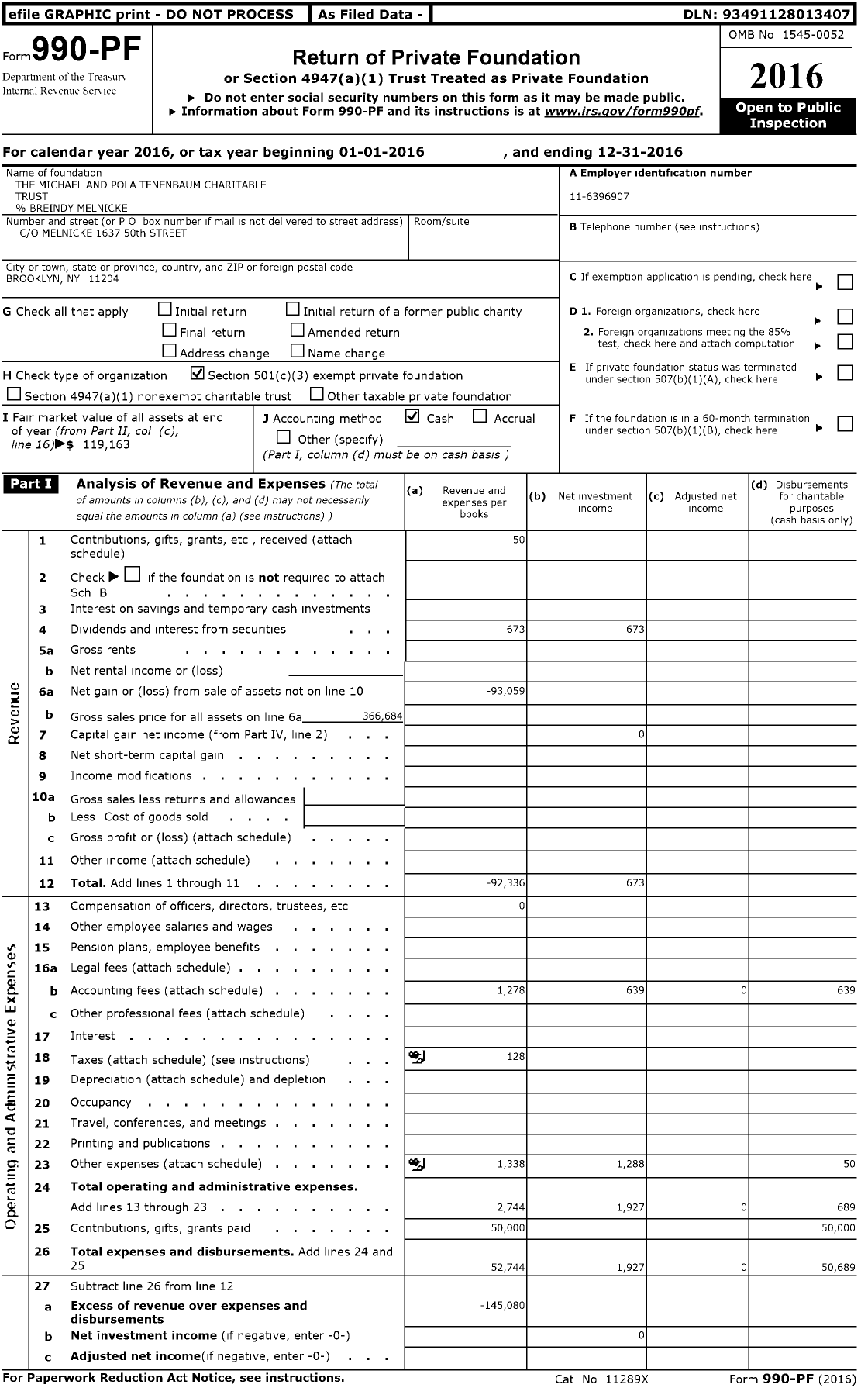 Image of first page of 2016 Form 990PF for The Michael and Pola Tenenbaum Charitable 1 Trust