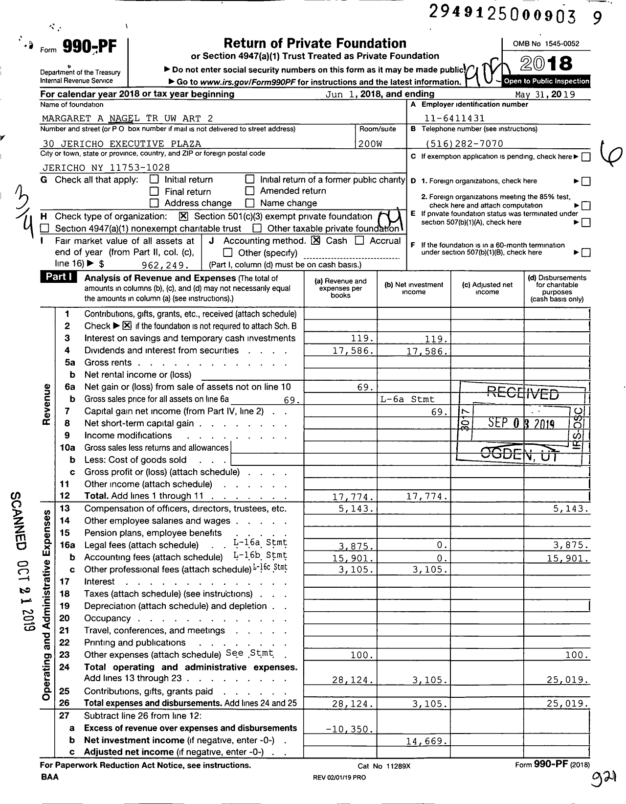 Image of first page of 2018 Form 990PF for Margaret A Nagel TR Uw Art 2