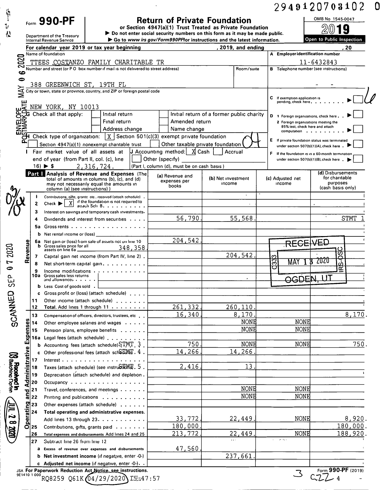 Image of first page of 2019 Form 990PR for Ttees Costanzo Family Charitable Trust