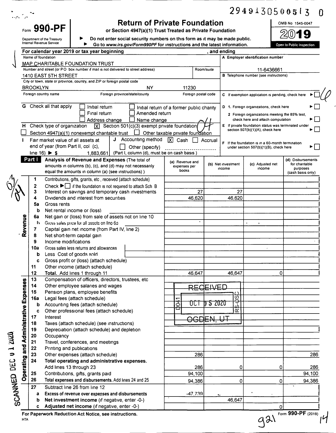 Image of first page of 2019 Form 990PF for Map Charitable Foundation Trust