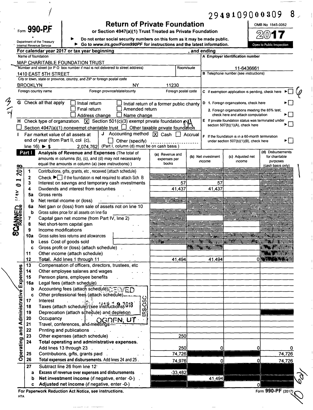 Image of first page of 2017 Form 990PF for Map Charitable Foundation Trust