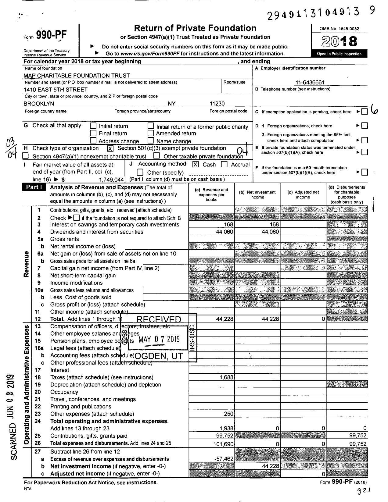 Image of first page of 2018 Form 990PF for Map Charitable Foundation Trust