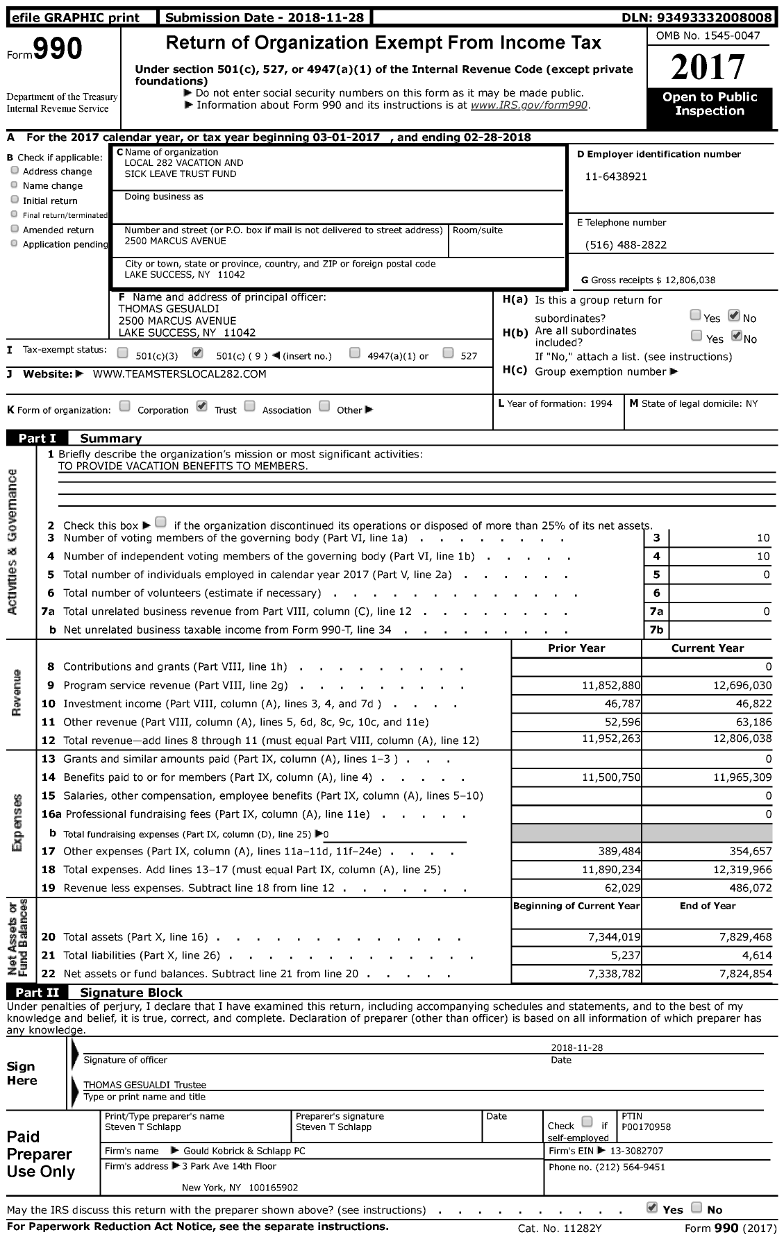 Image of first page of 2017 Form 990 for Local 282 Vacation and Sick Leave Trust Fund