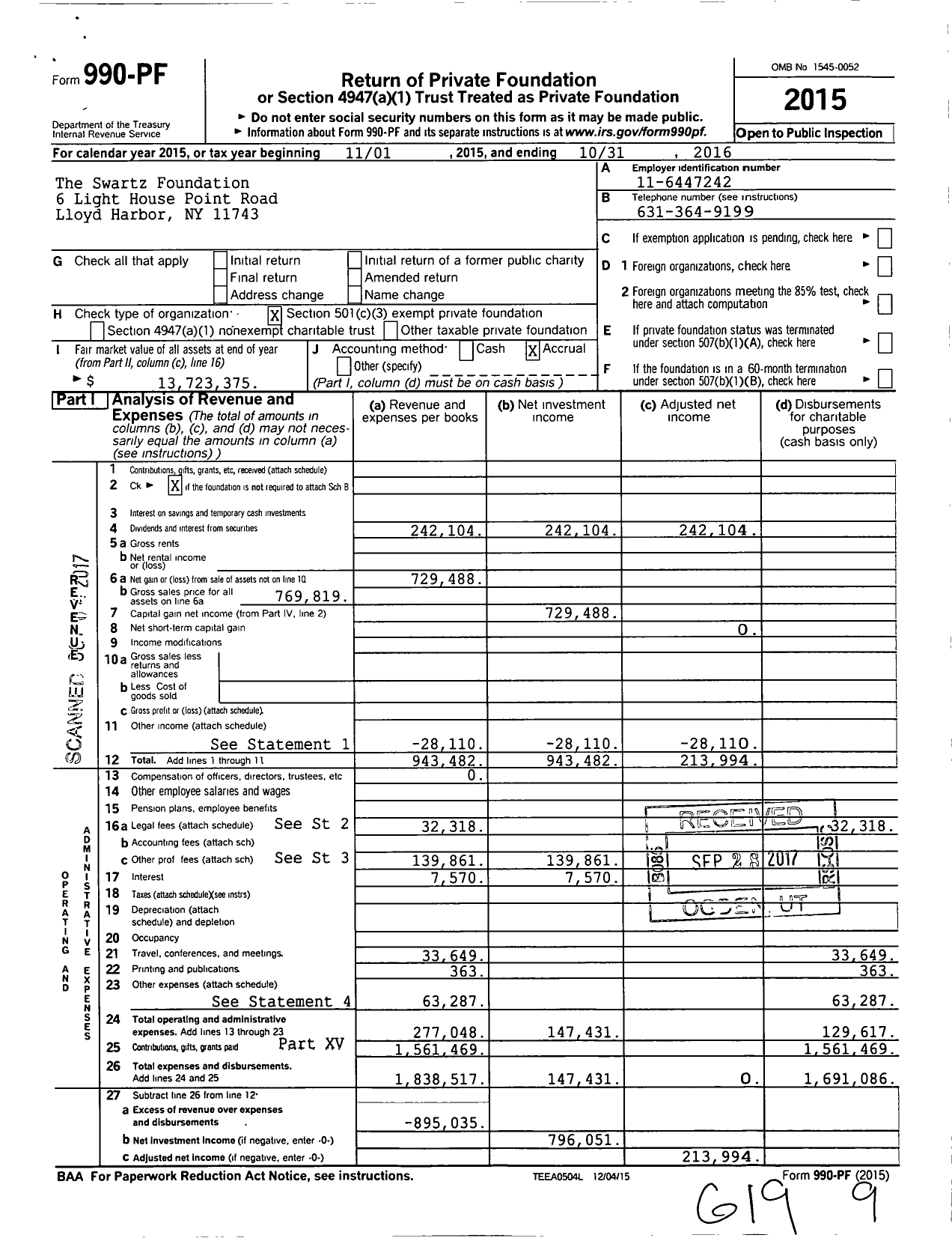 Image of first page of 2015 Form 990PF for The Swartz Foundation