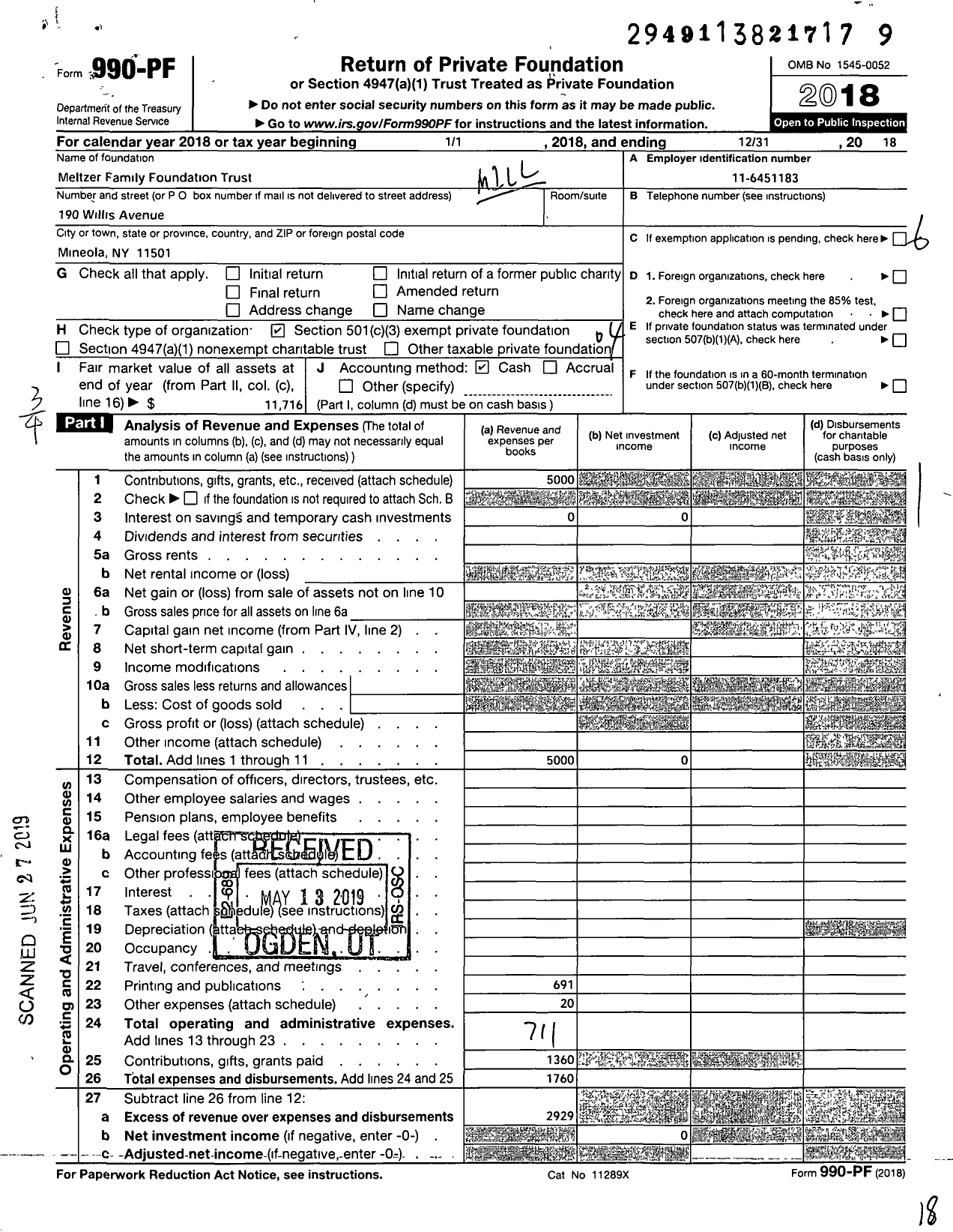 Image of first page of 2018 Form 990PF for Meltzer Family Foundation Trust