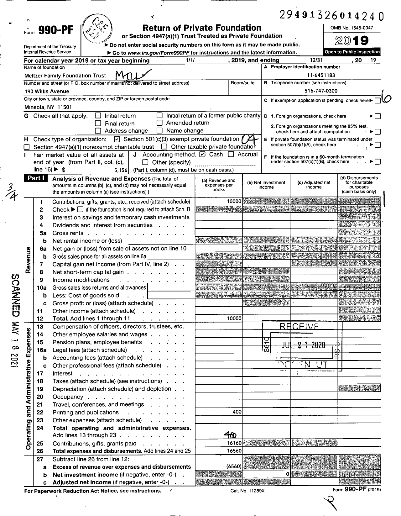 Image of first page of 2019 Form 990PF for Meltzer Family Foundation Trust