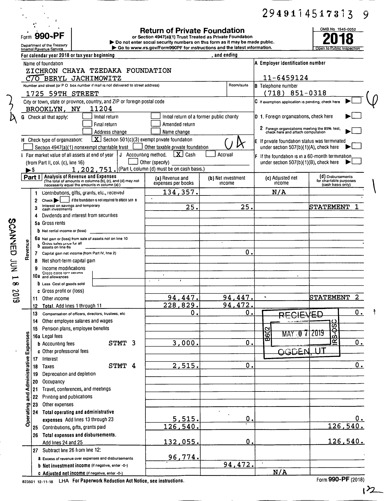 Image of first page of 2018 Form 990PF for Zichron Chaya Tzedaka Foundation