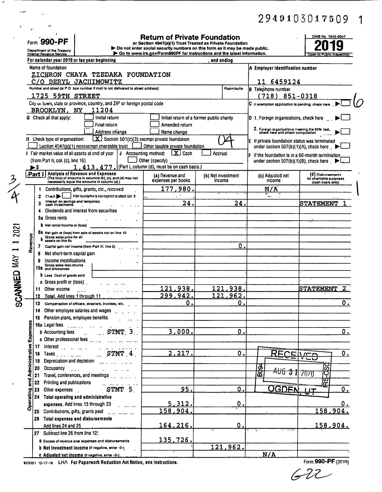 Image of first page of 2019 Form 990PF for Zichron Chaya Tzedaka Foundation