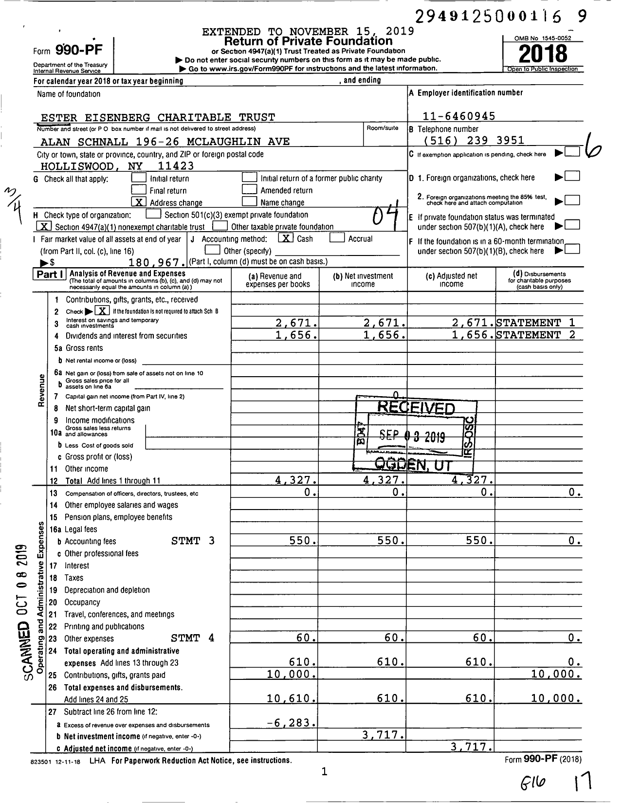 Image of first page of 2018 Form 990PF for Ester Eisenberg Charitable Trust
