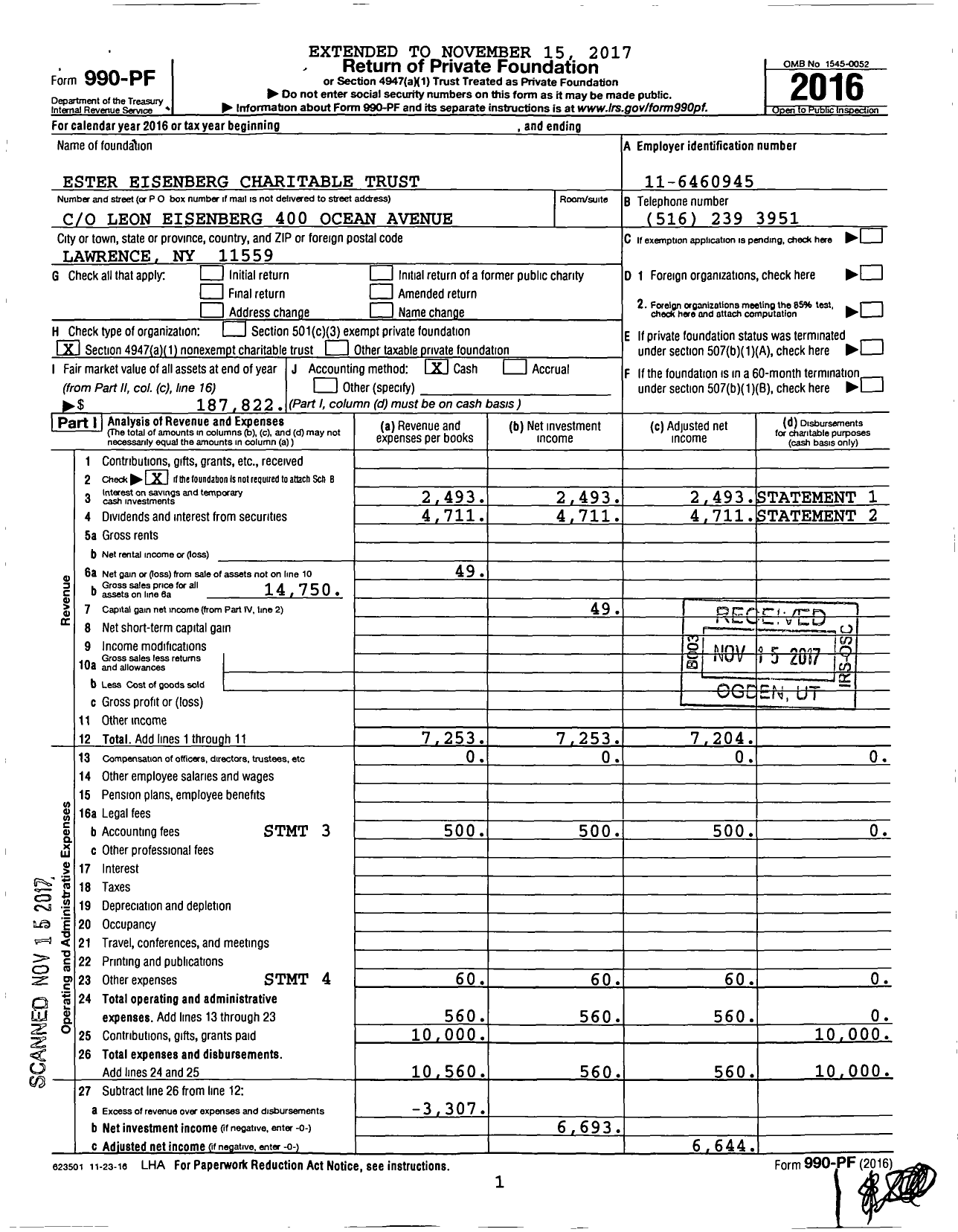 Image of first page of 2016 Form 990PF for Ester Eisenberg Charitable Trust